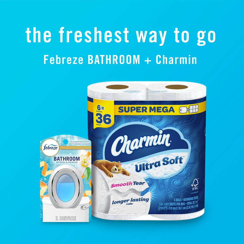 Febreze bathroom air freshener press-to-activate design for mess-free use.