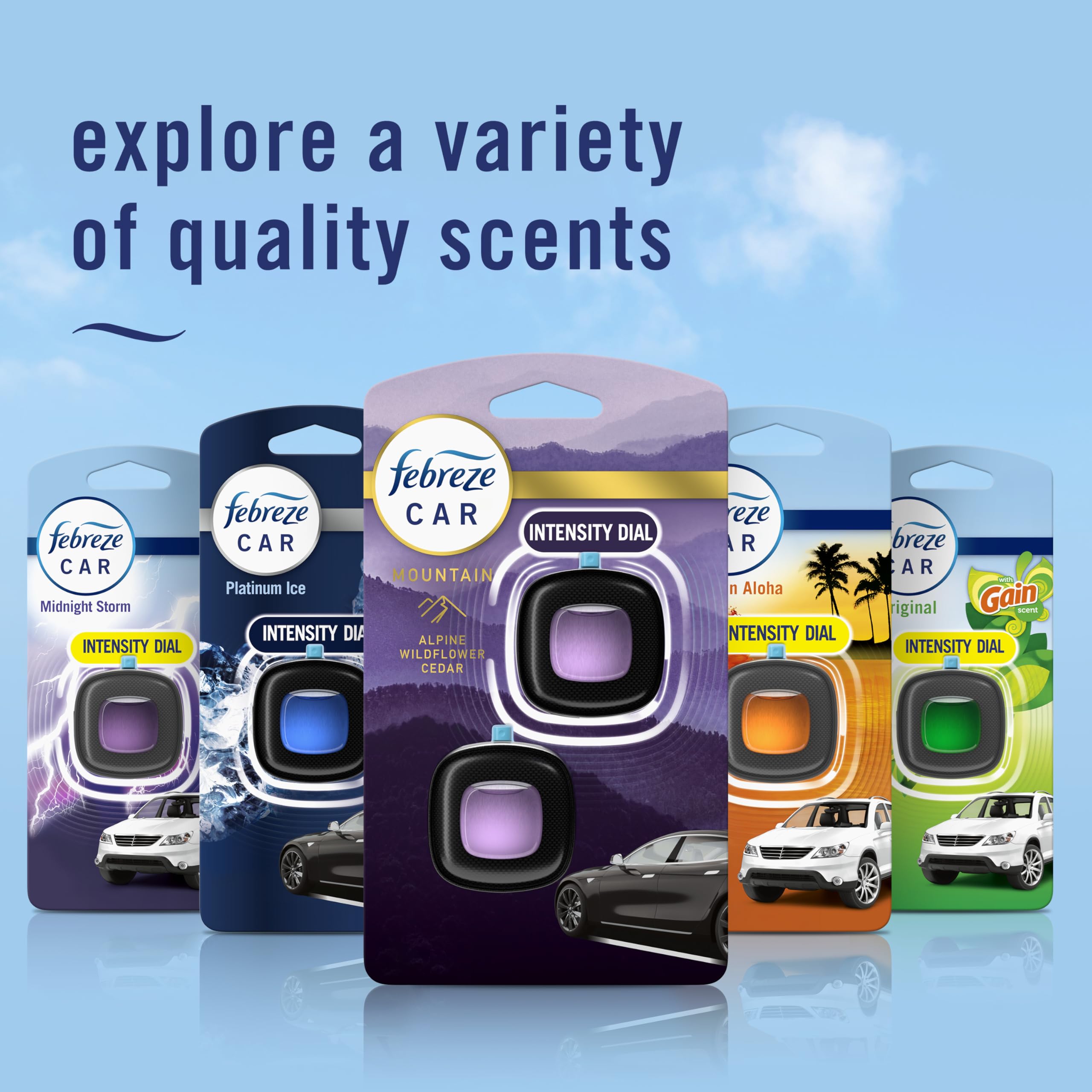 Febreze Car Mountain commute ambiance enhances cabin mood.