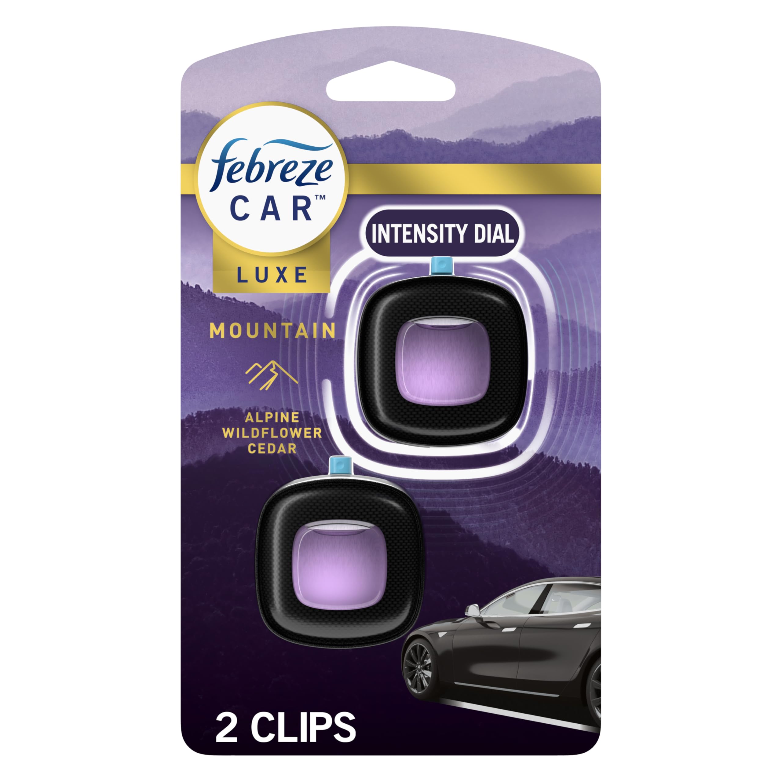 Febreze Car Mountain vent clip activation for instant on-the-go freshness.