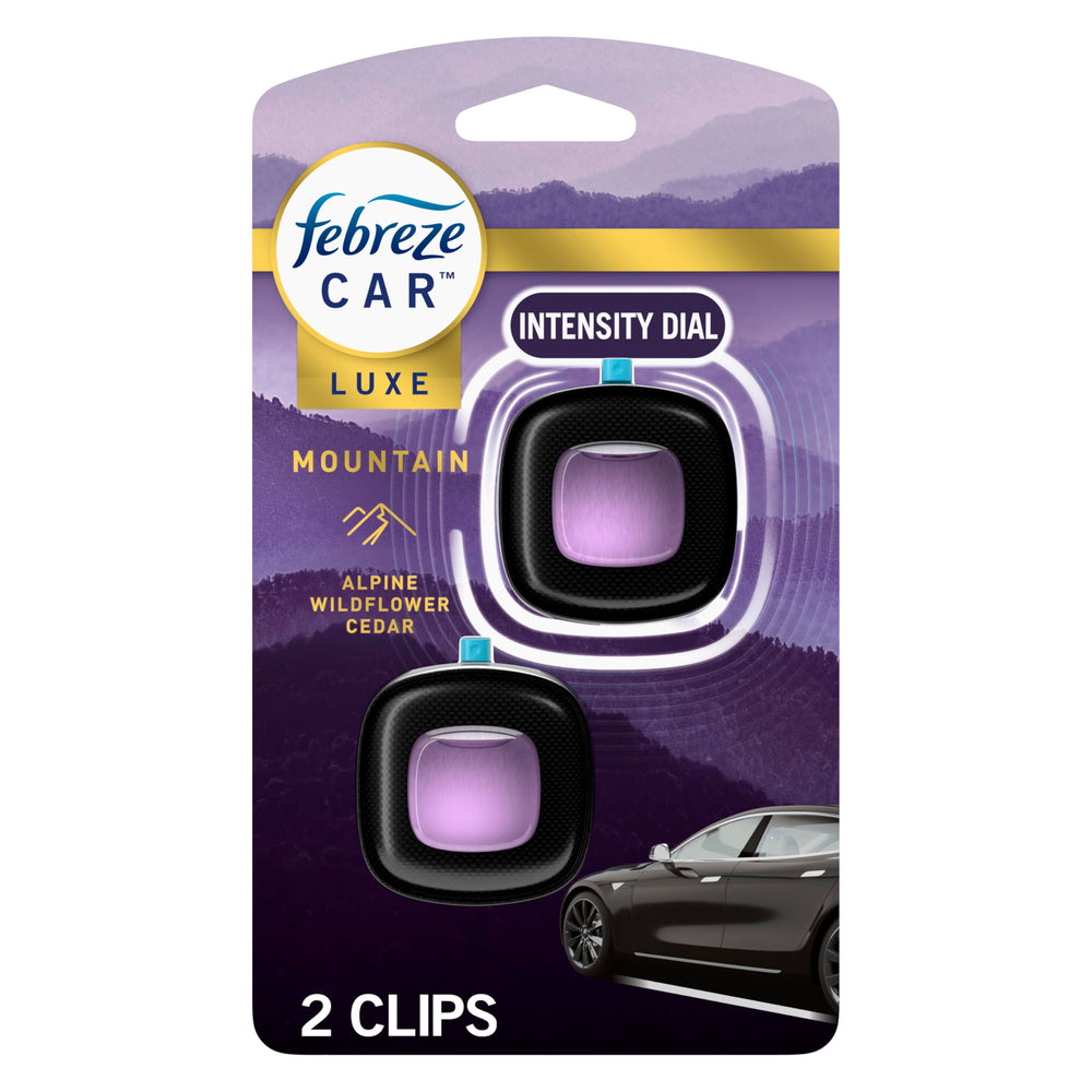 Febreze Car Mountain vent clip activation for instant on-the-go freshness.