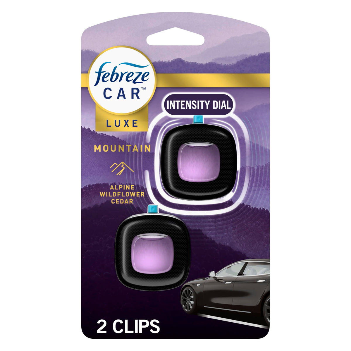 Febreze Car Mountain vent clip activation for instant on-the-go freshness.
