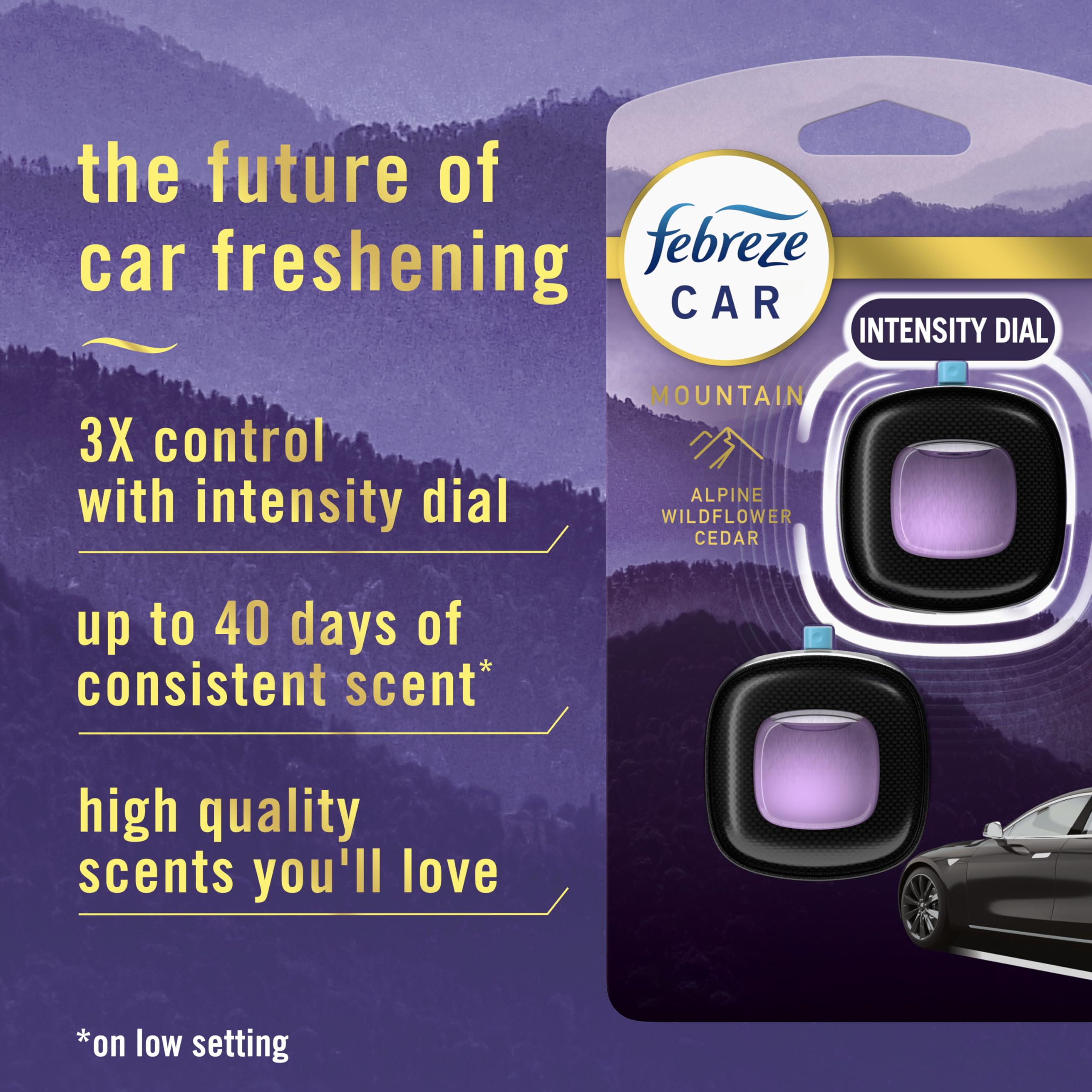 Febreze Car Mountain vent clip in-vent delivers steady scent.
