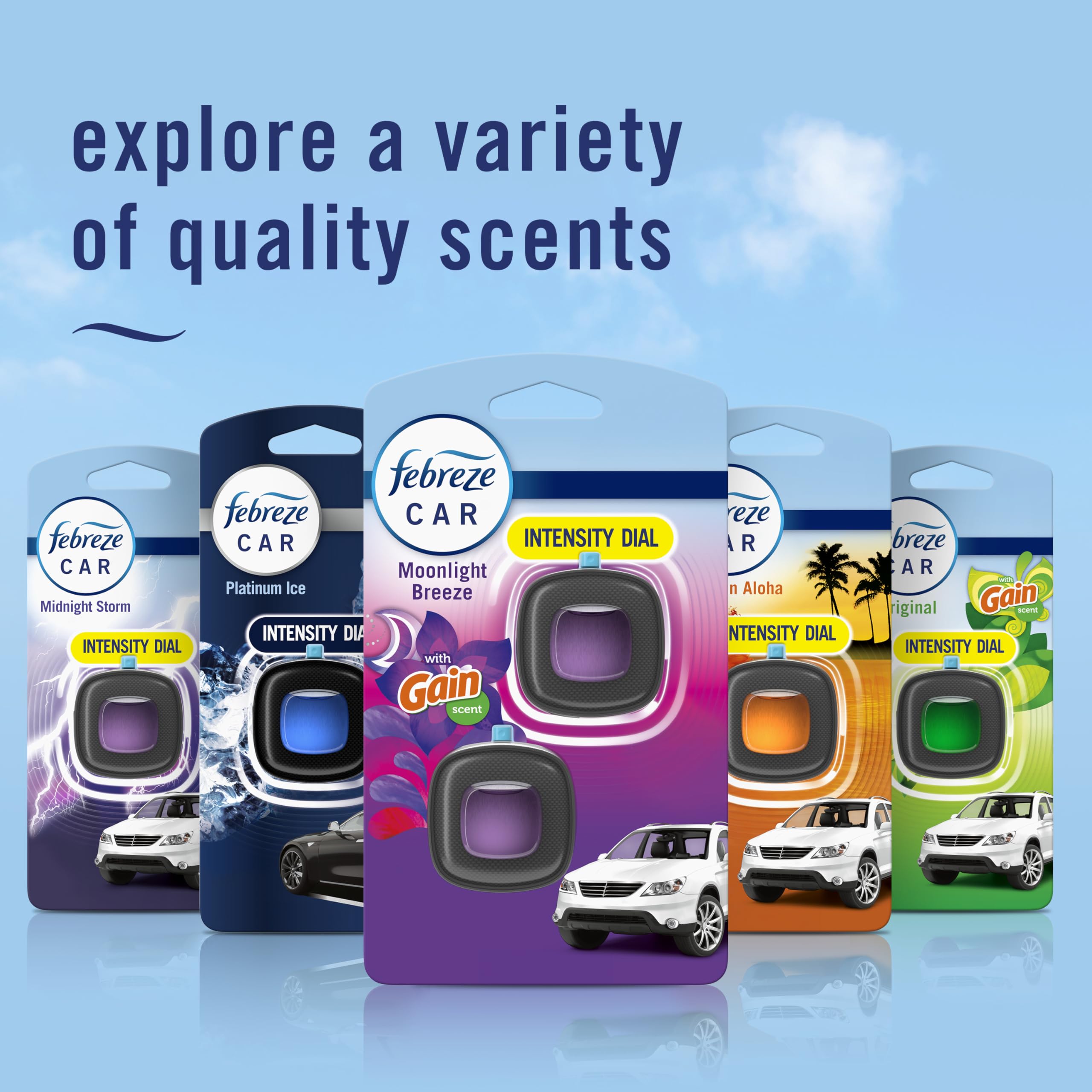 Febreze car ride stays fresh with balanced Moonlight Breeze fragrance.