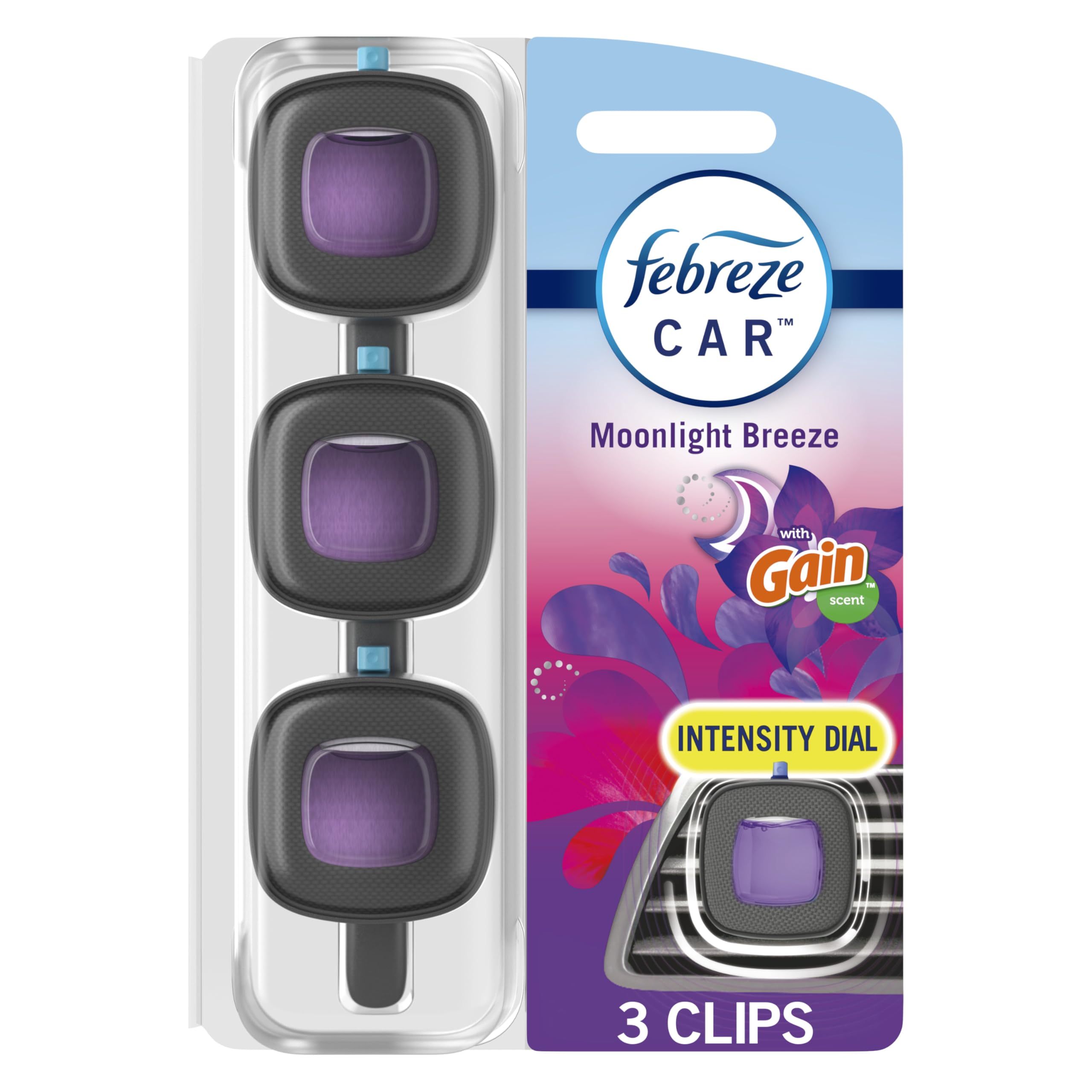 Febreze car vent clip delivering Moonlight Breeze scent for a fresh ride.