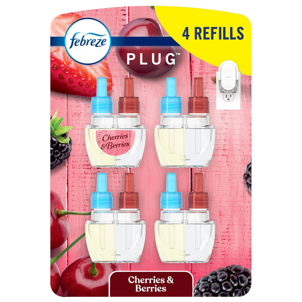 Febreze Fade Defy plug-in with cherries-berries refill in outlet for long-lasting freshness