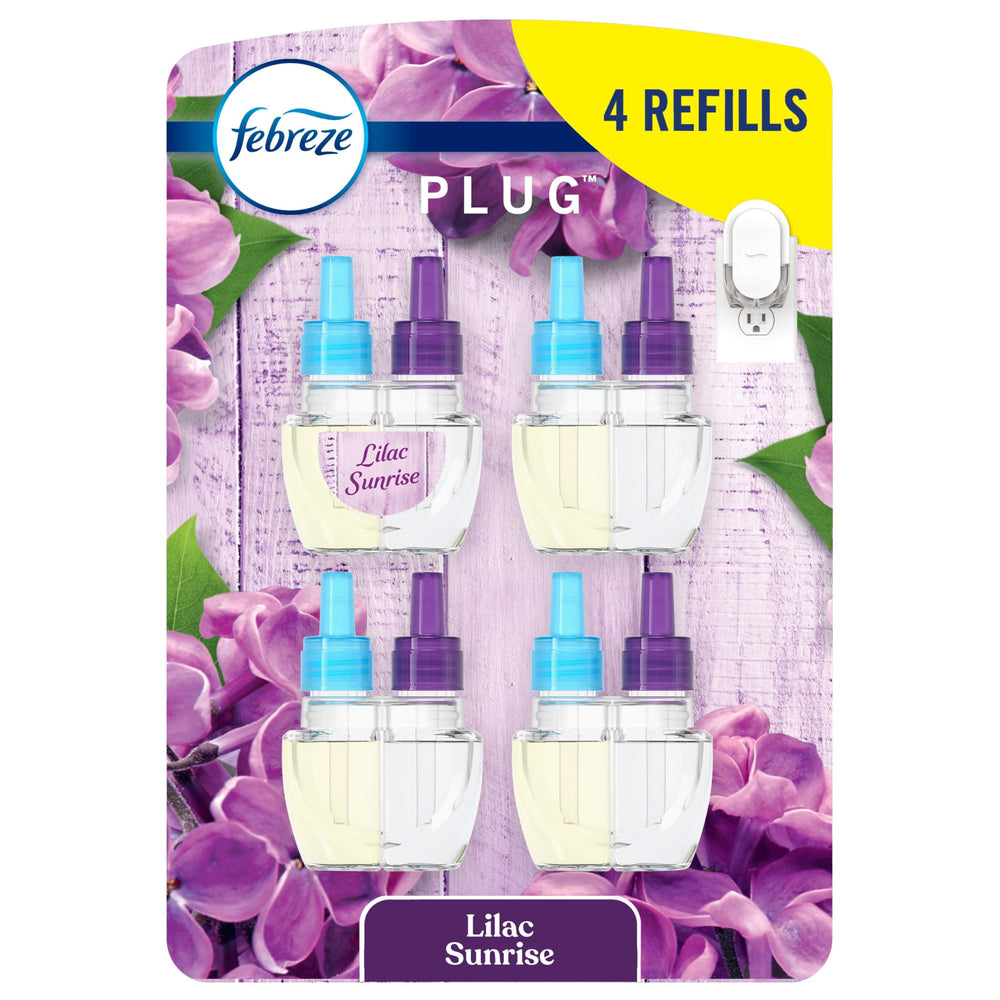 Febreze Fade Defy PLUG Lilac Sunrise bottle plugged in delivers continuous odor control.