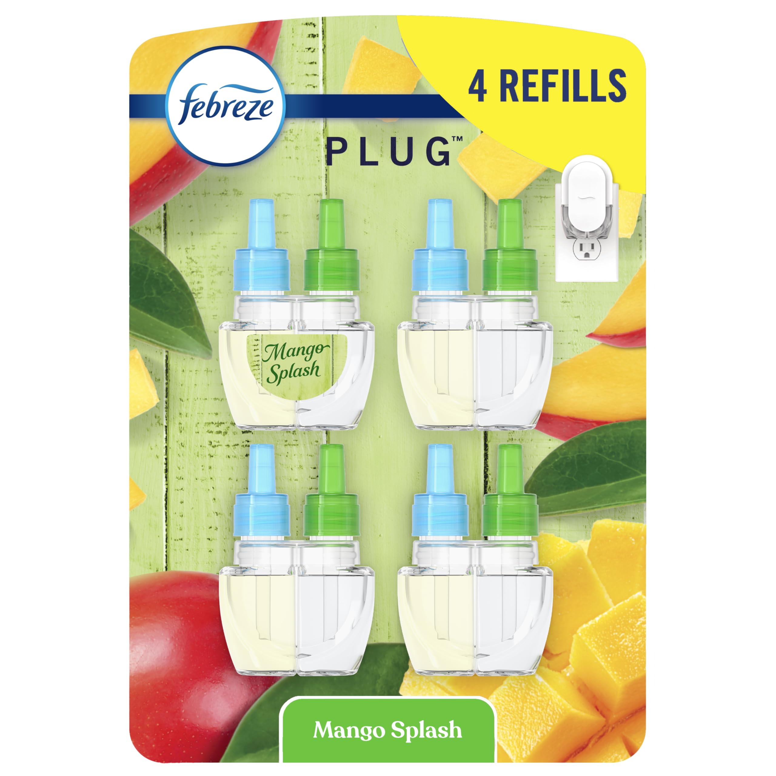 Febreze Fade Defy plug refills in mango splash deliver long-lasting freshness for rooms.