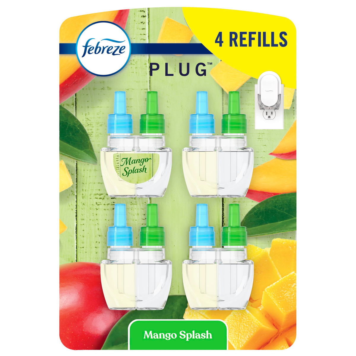 Febreze Fade Defy plug refills in mango splash deliver long-lasting freshness for rooms.