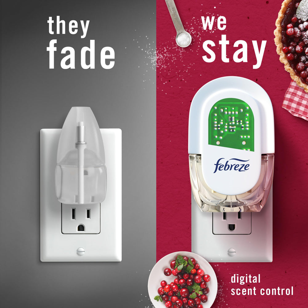 Febreze Fade Defy plug odor-fighting performance shown for kitchens and bathrooms