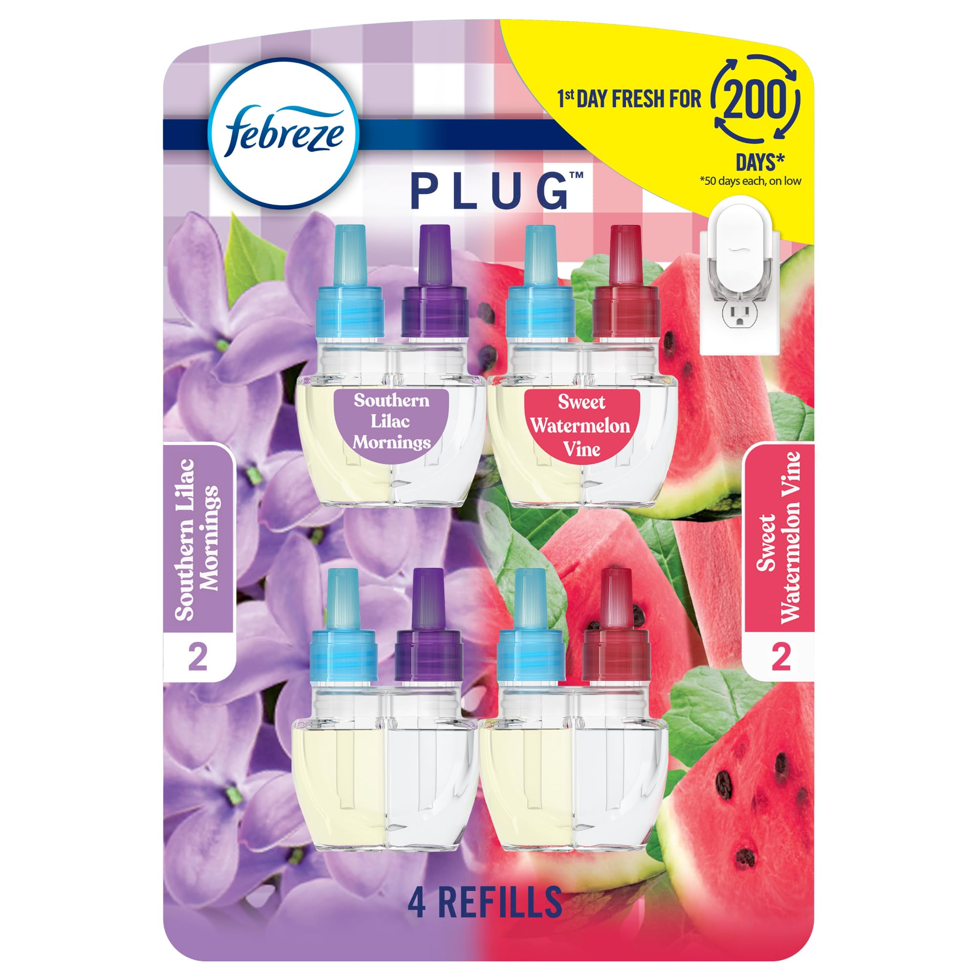 Febreze Fade Defy plug-outlet view shows lasting freshness in a busy kitchen.
