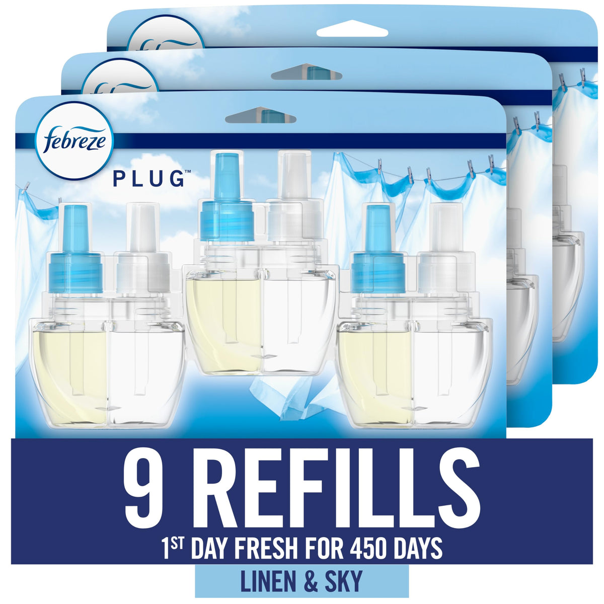 Febreze Fade Defy Plug refill Linen & Sky 9-count for long-lasting freshness in rooms.