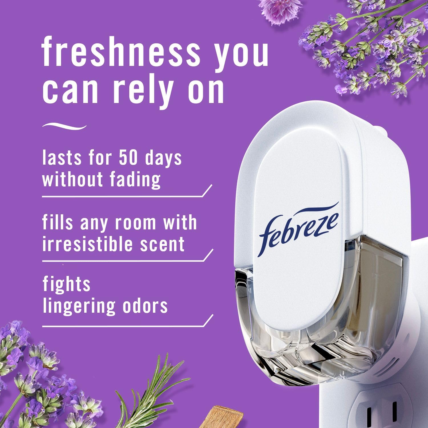 Febreze Fade Defy Plug Twilight Lavender scent delivers a calming aroma.