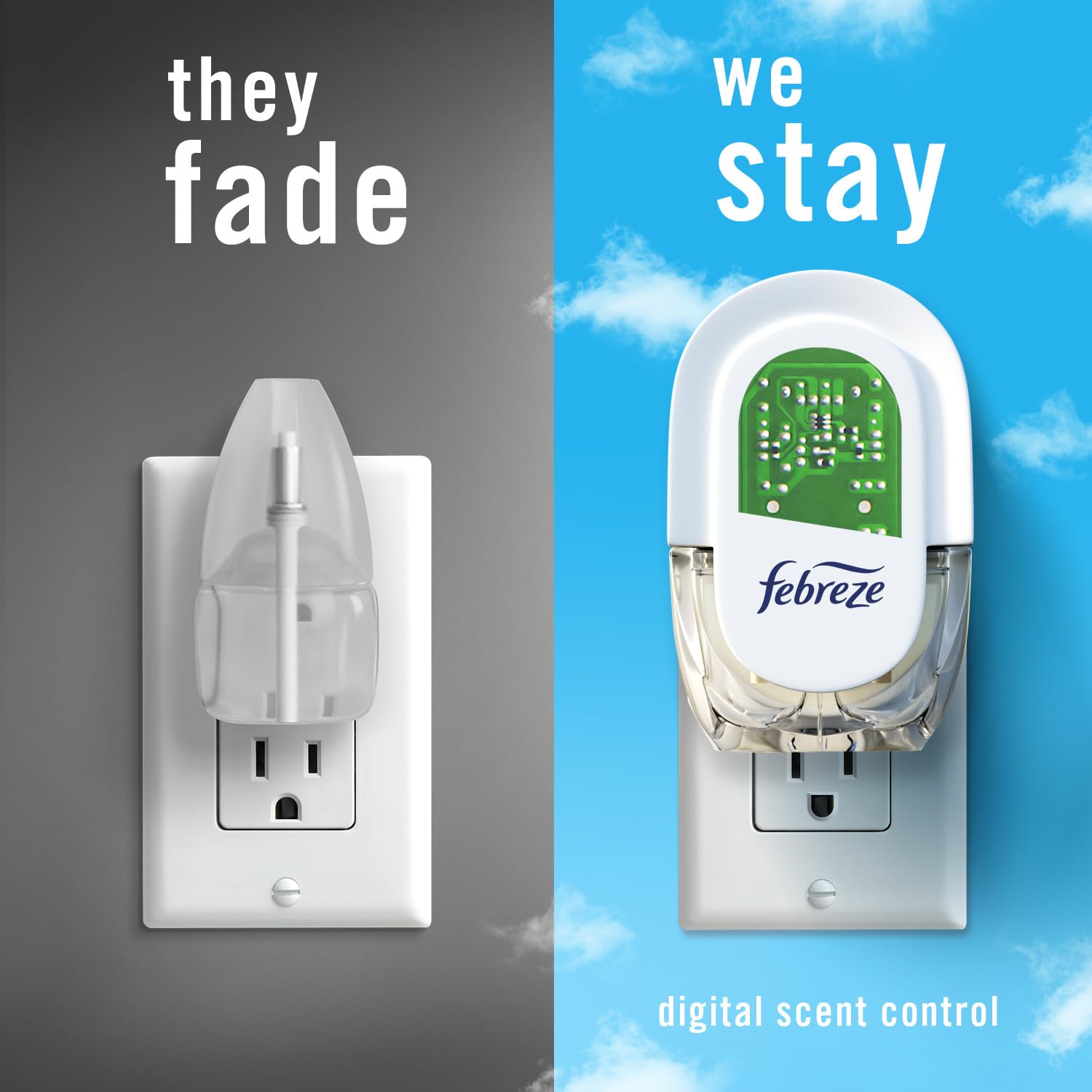 Febreze Linen & Sky fragrance with pear and lily notes for a fresh home.