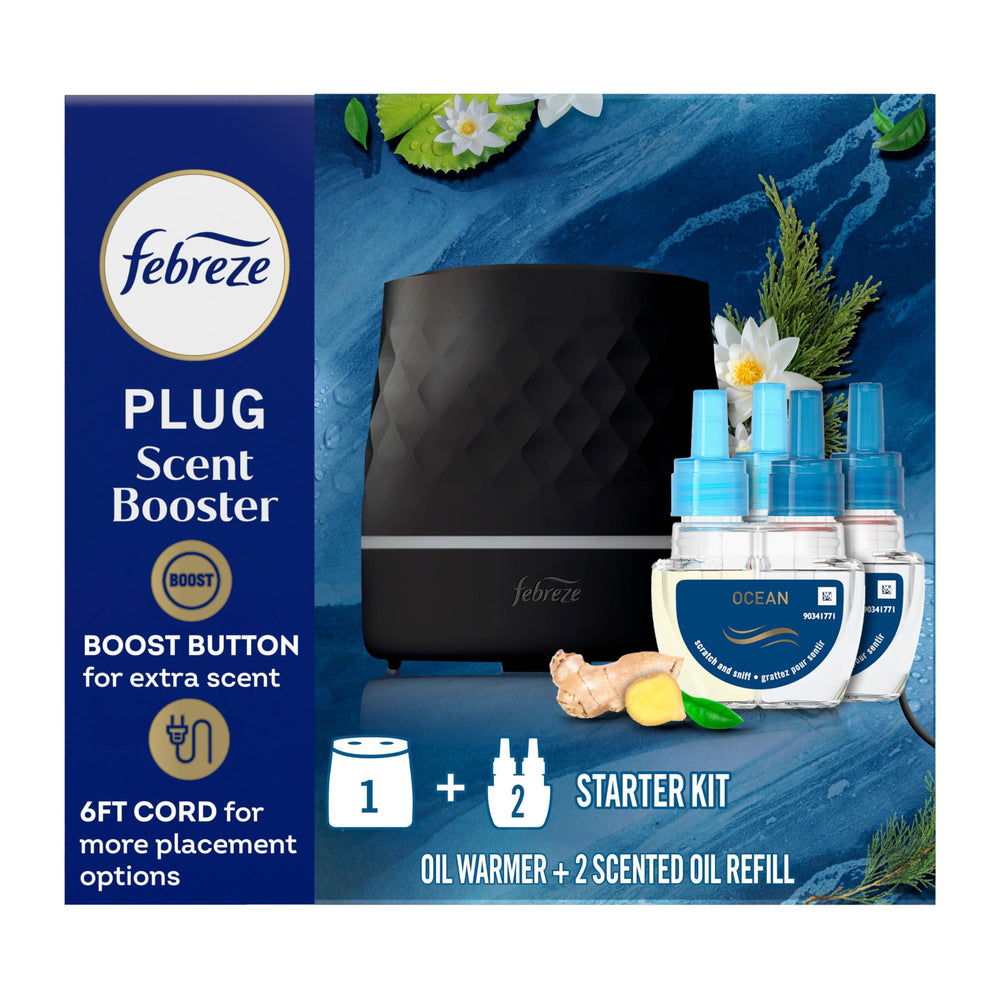 Febreze Plug Scent Booster device plugged in for continuous freshness.