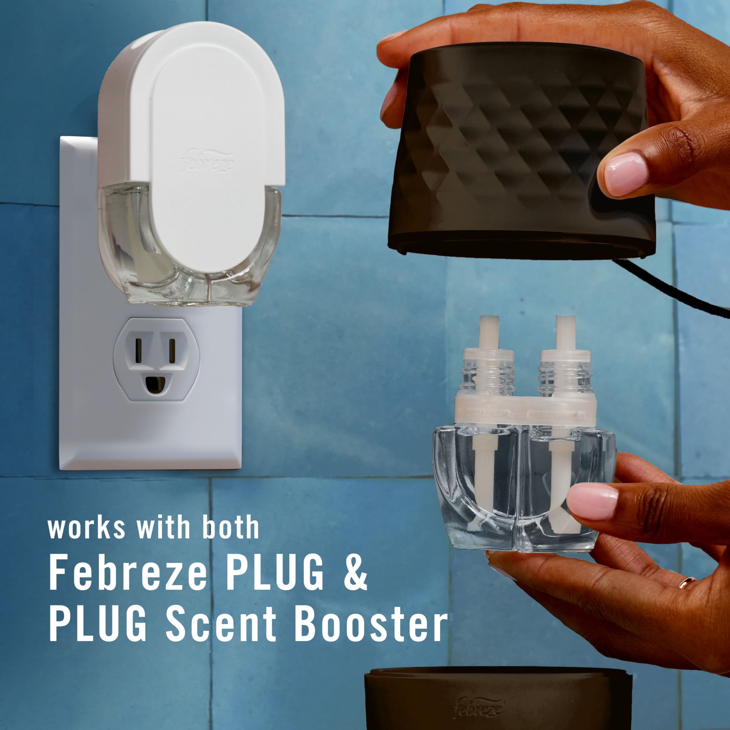 Living room setup featuring Febreze Plug Scent Booster's sleek black design.