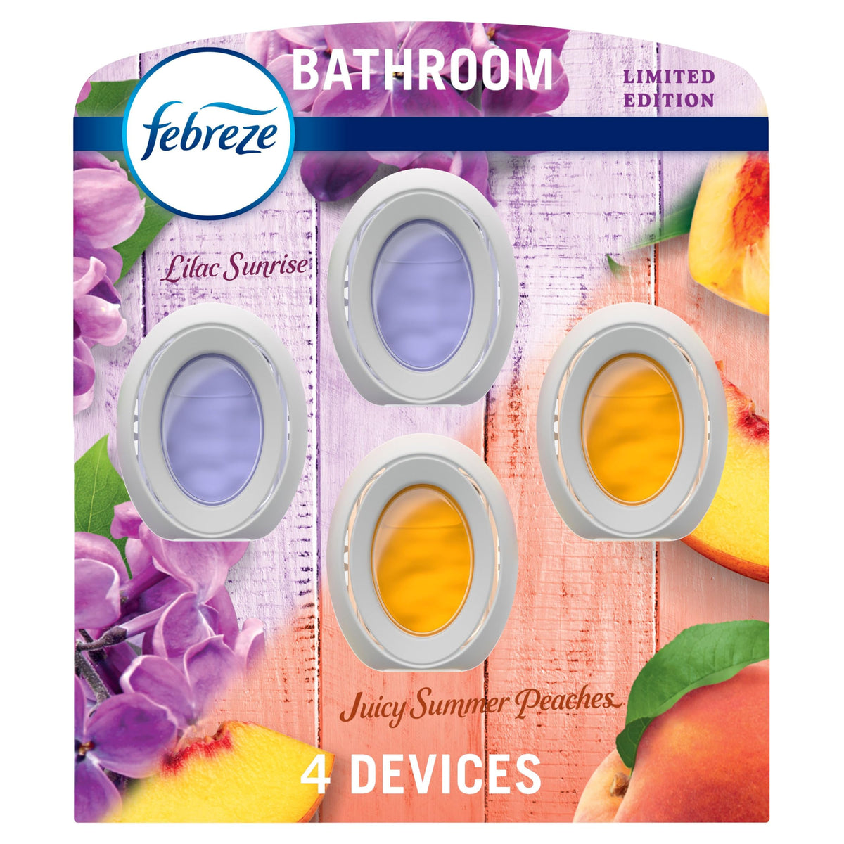 Febreze Small Spaces lilac bottle releasing floral scent for small rooms.