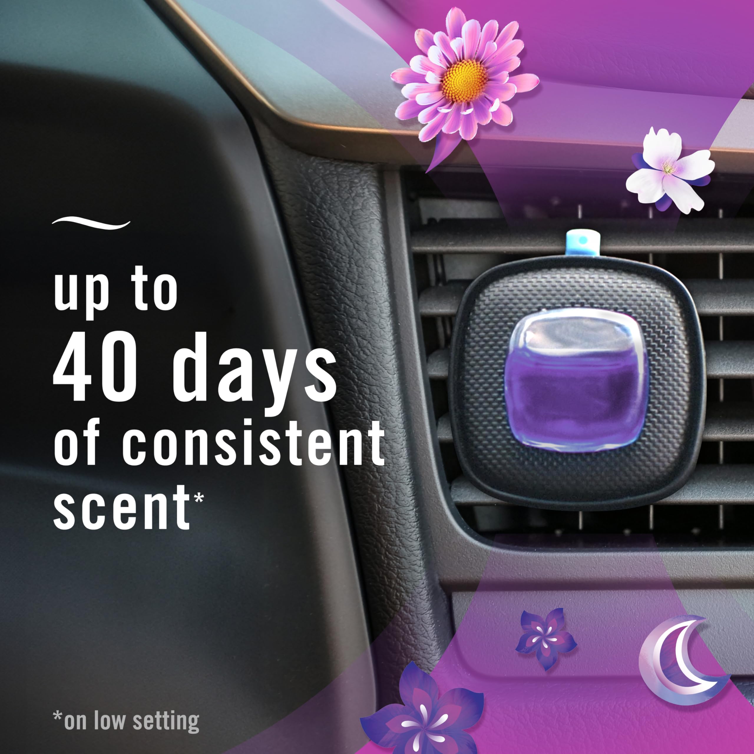 Febreze steady-release technology provides lasting fragrance in the car.