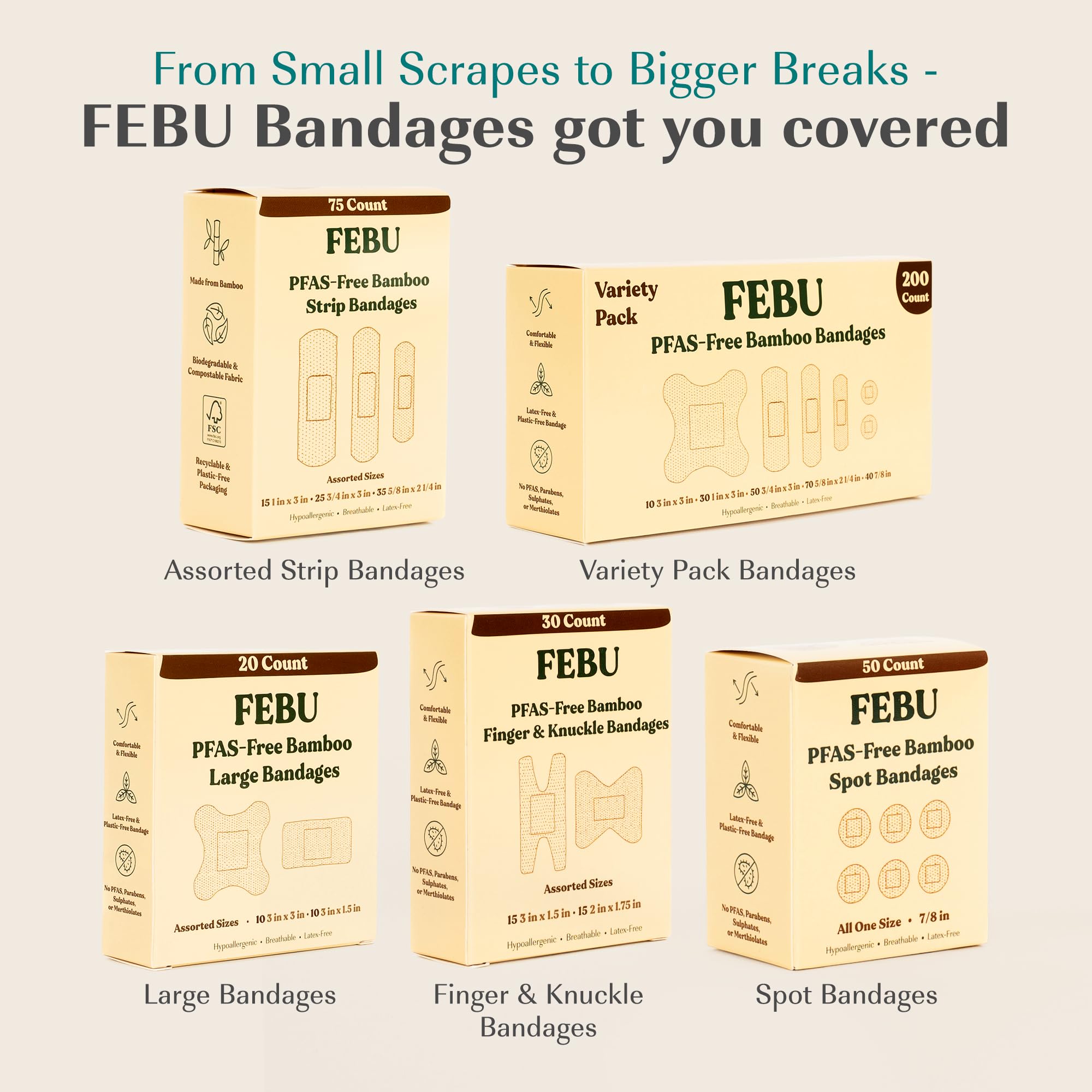 Boxed 50-count FEBU bamboo bandages.