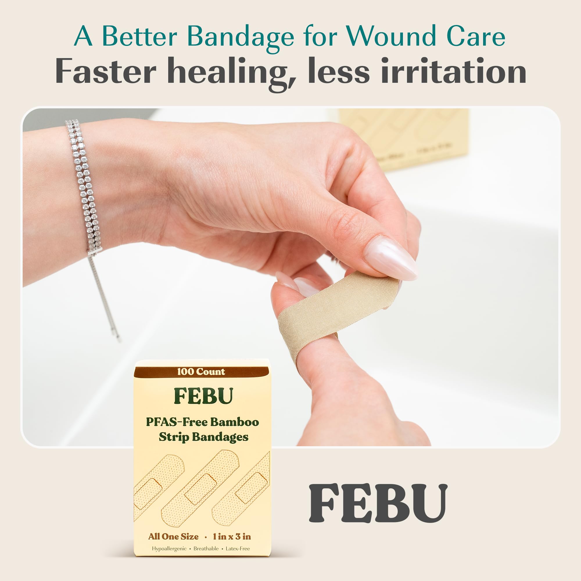 FEBU PFAS-free fabric bandage with third-party testing badge