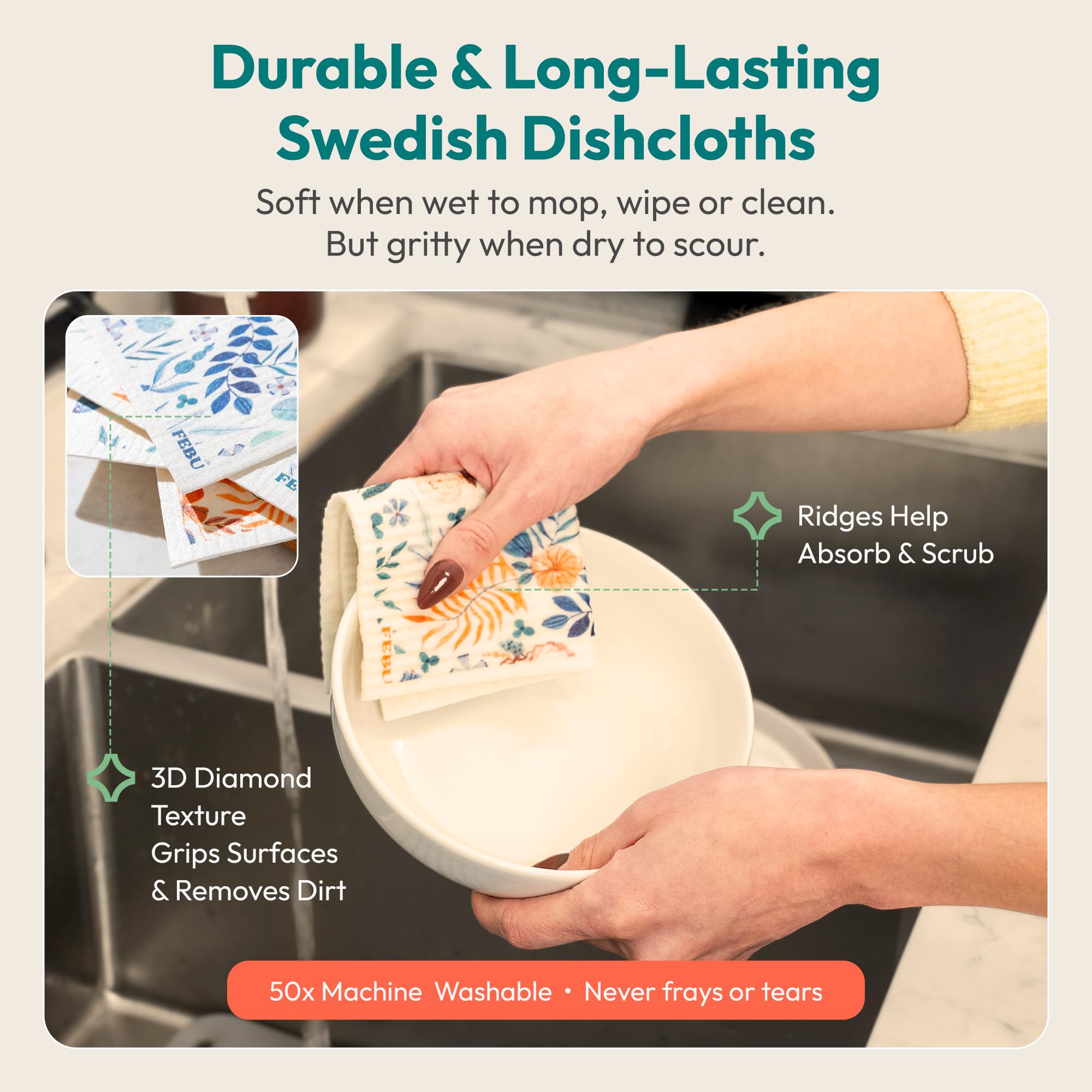 FEBU dishcloths are compostable in home settings within 6 to 8 weeks.