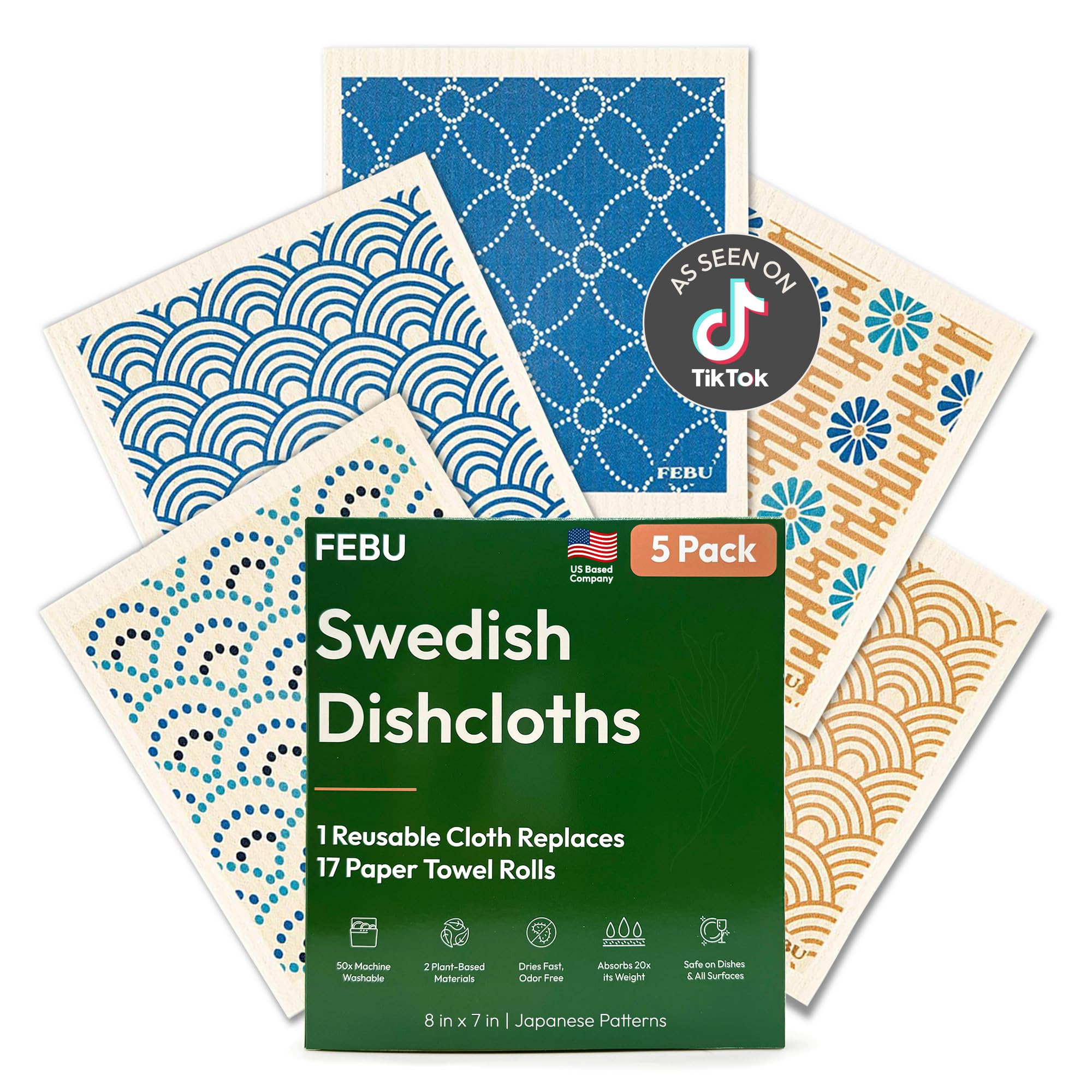 FEBU dishcloth with diamond texture for streak-free kitchen cleaning on glass.