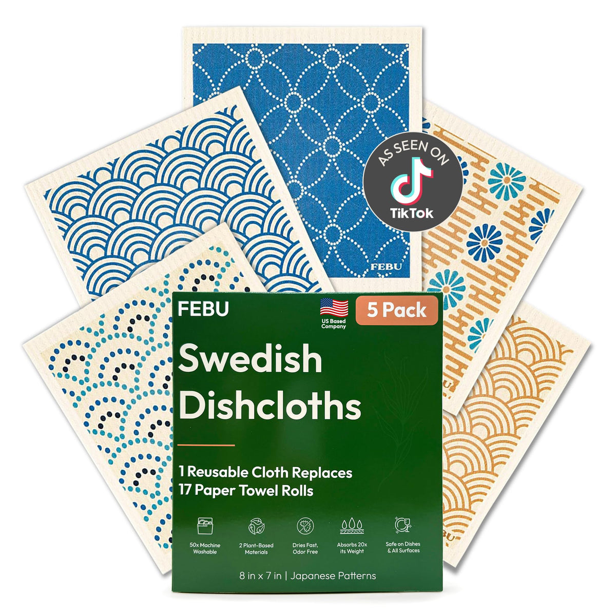 FEBU dishcloth with diamond texture for streak-free kitchen cleaning on glass.