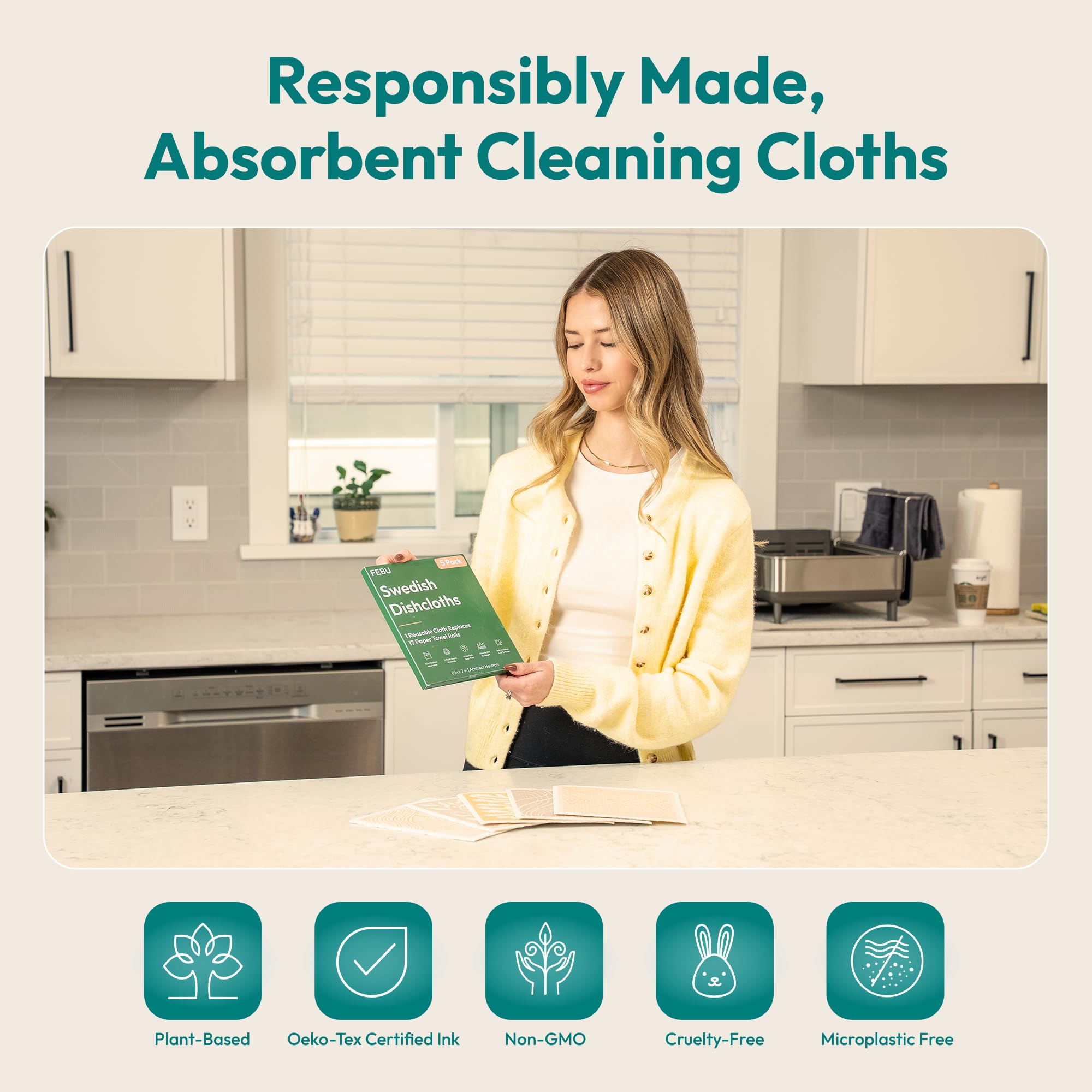 FEBU dishcloths are machine washable up to 50 times for lasting use.