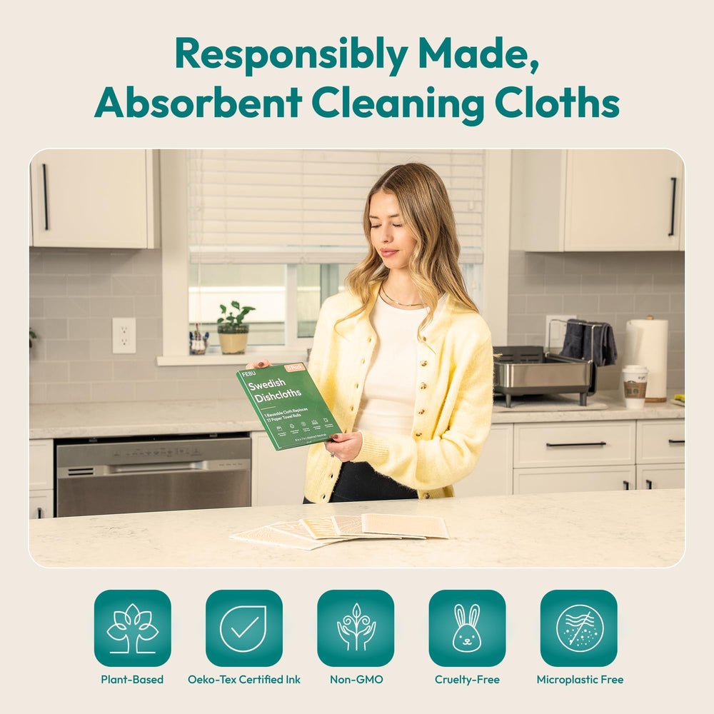 FEBU dishcloths are machine washable up to 50 times for lasting use.