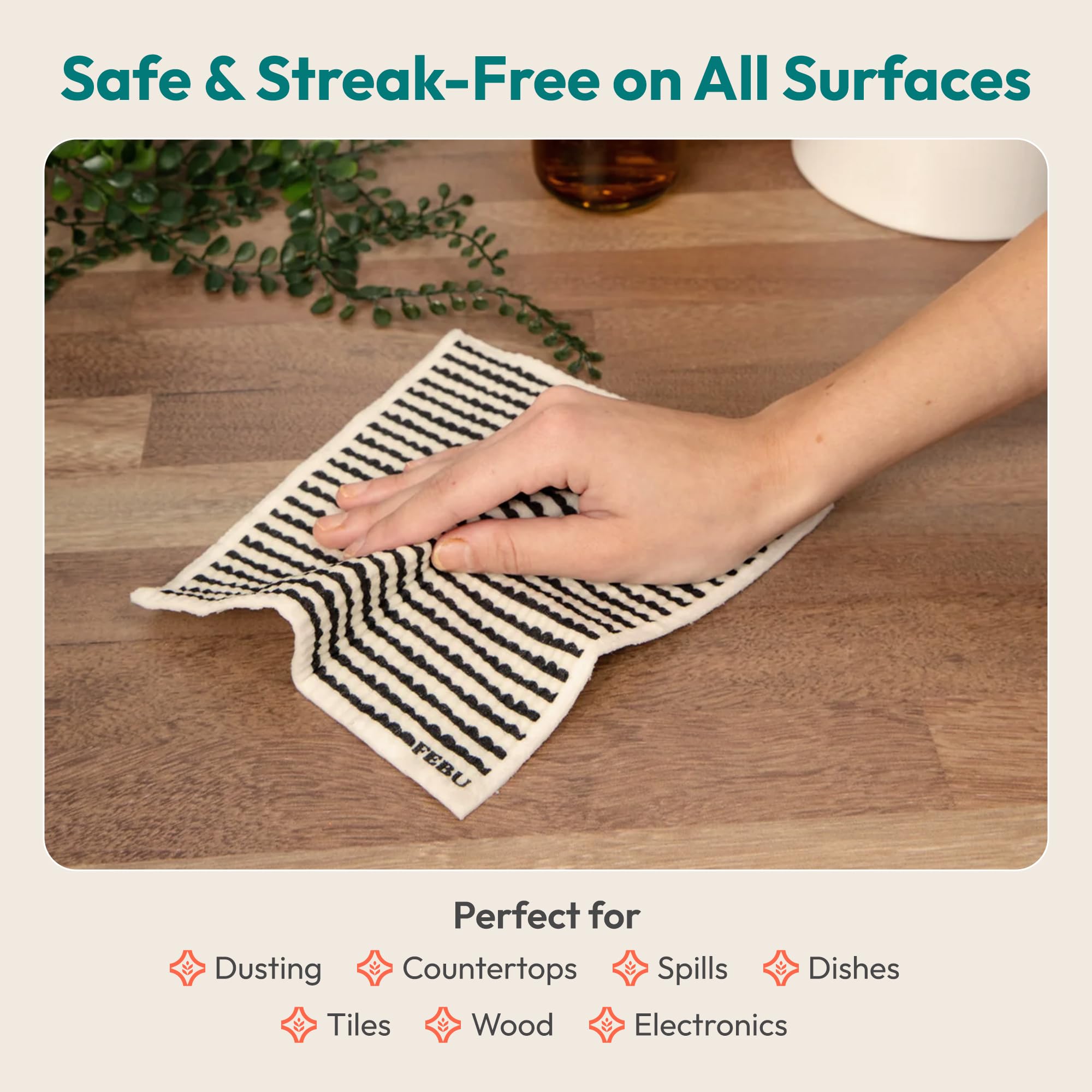 FEBU no odor dishcloths provide fresh kitchen use after washing.