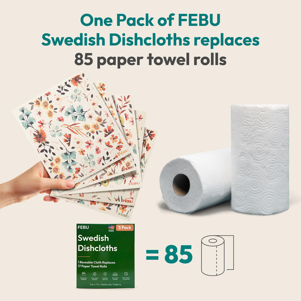 FEBU Swedish dishcloth replacing multiple paper towels in a kitchen setup