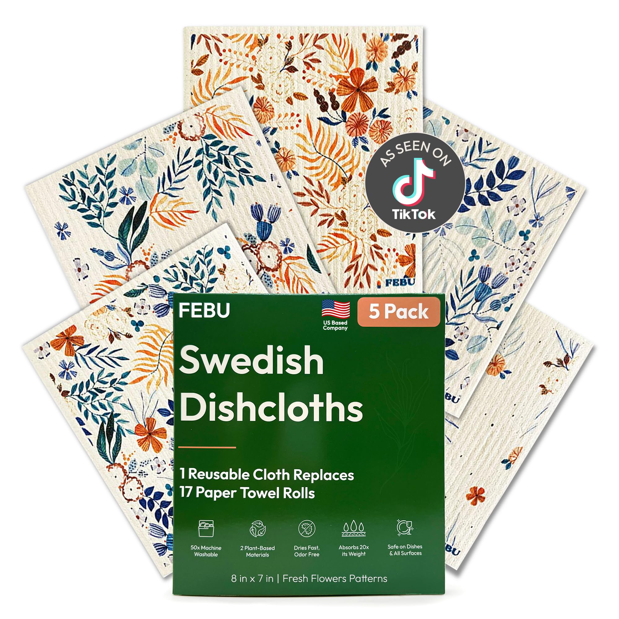 FEBU Swedish dishcloths with fresh flowers pattern for reusable kitchen cleaning.