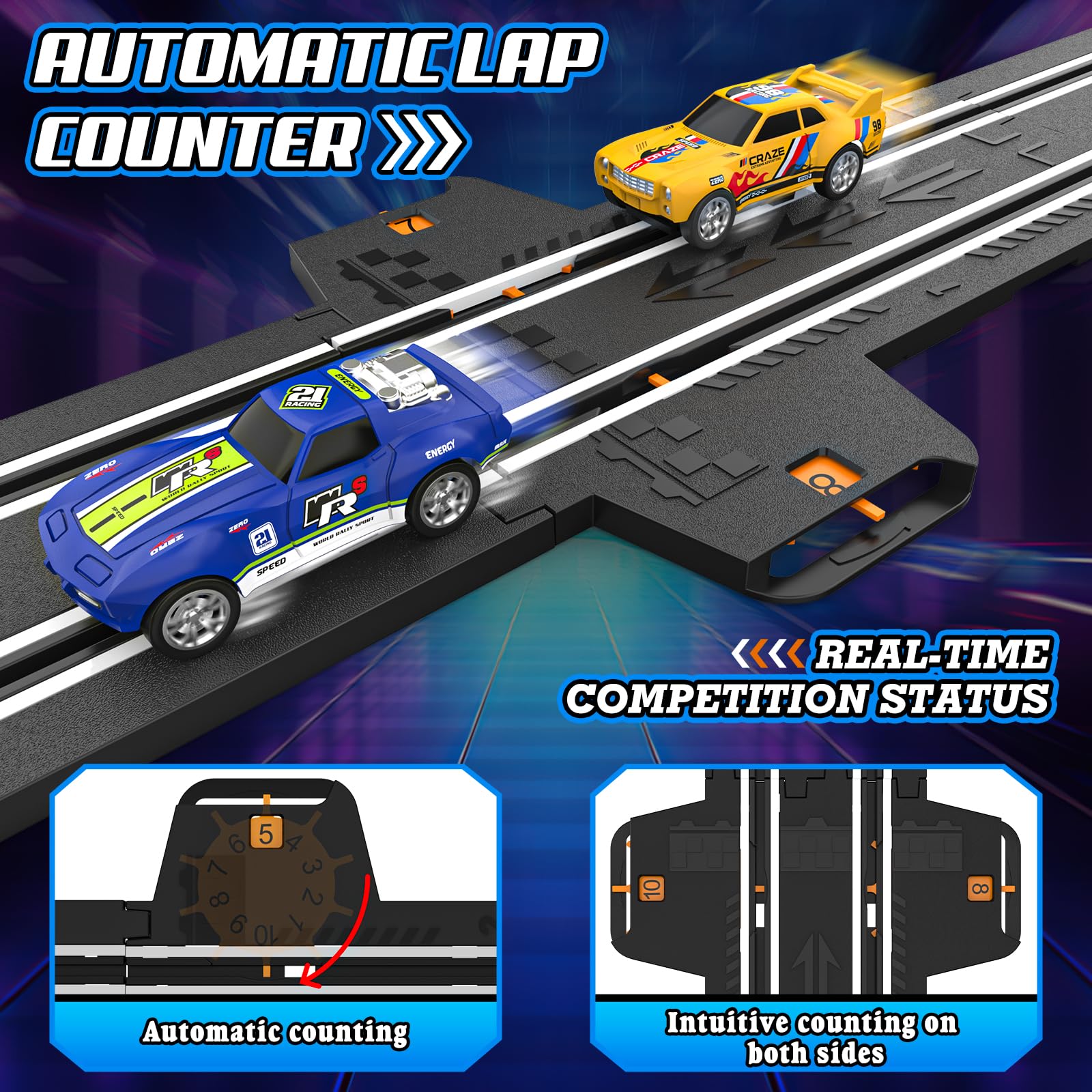 Fedonak Slot Track dual-lane racing enables two-player competition.
