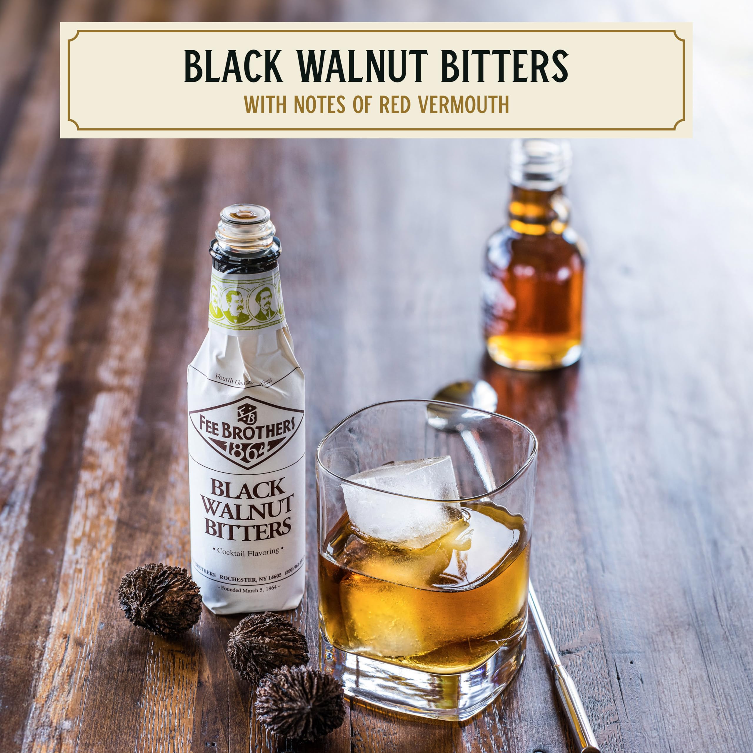 Fee Brothers Black Walnut bottle pour suggesting concentrated flavor