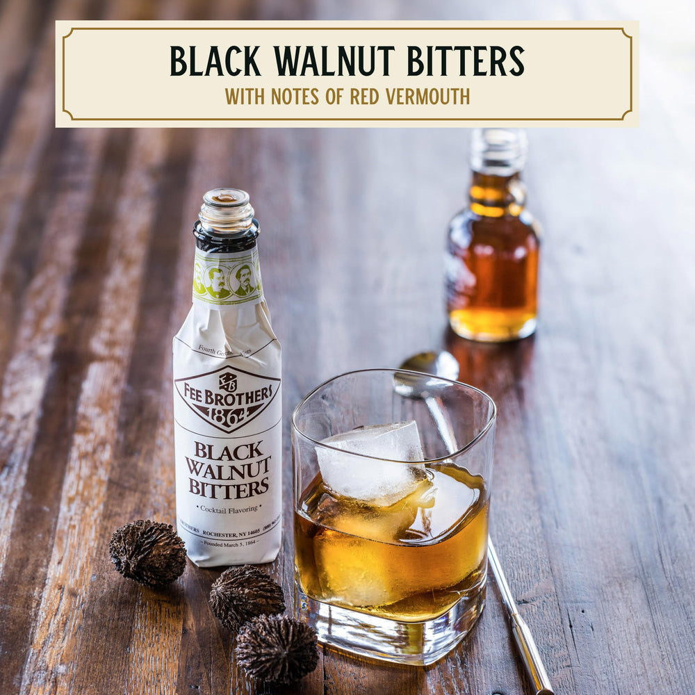 Fee Brothers Black Walnut bottle pour suggesting concentrated flavor