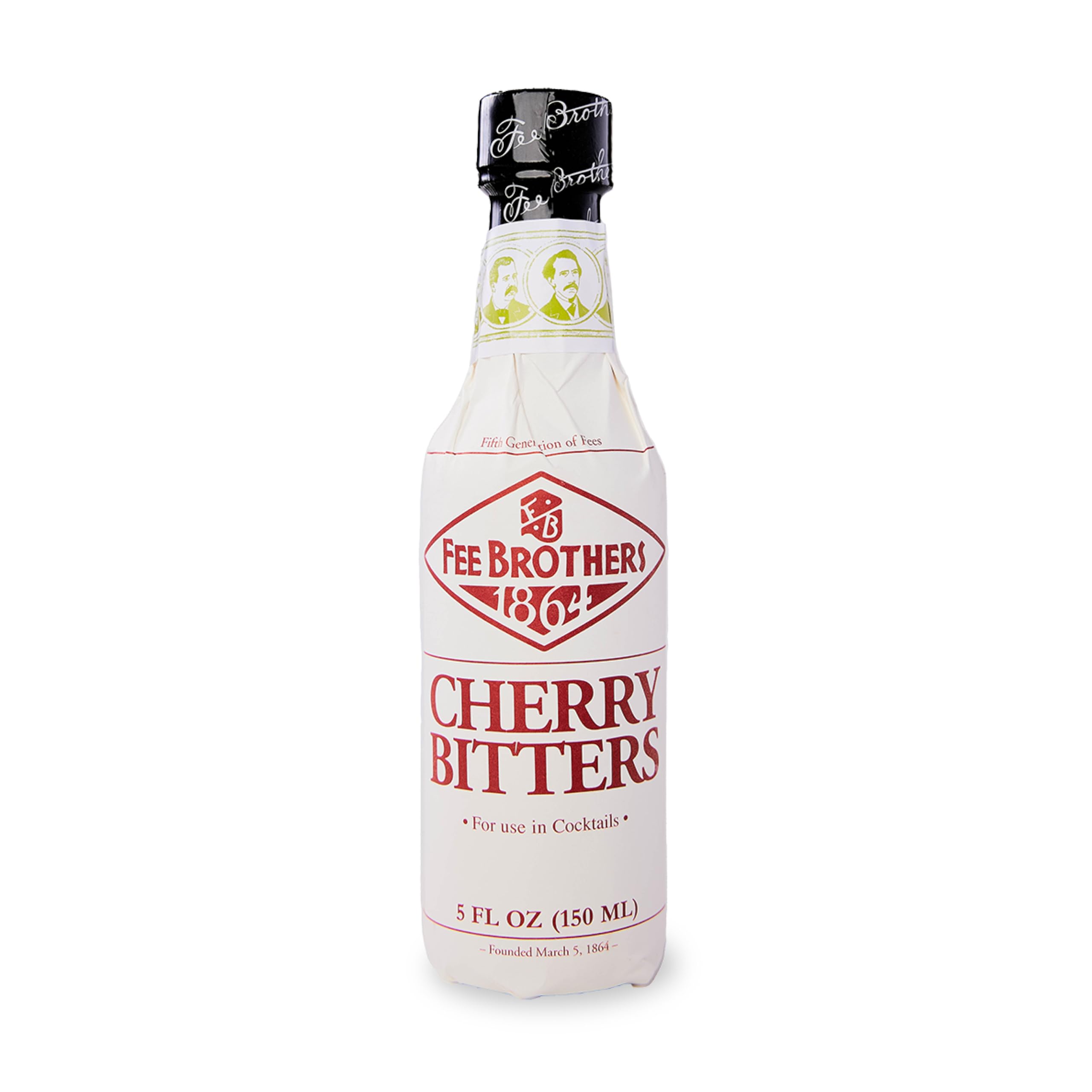 Fee Brothers Cherry Bitters bottle close-up highlighting cherry aroma for cocktails.