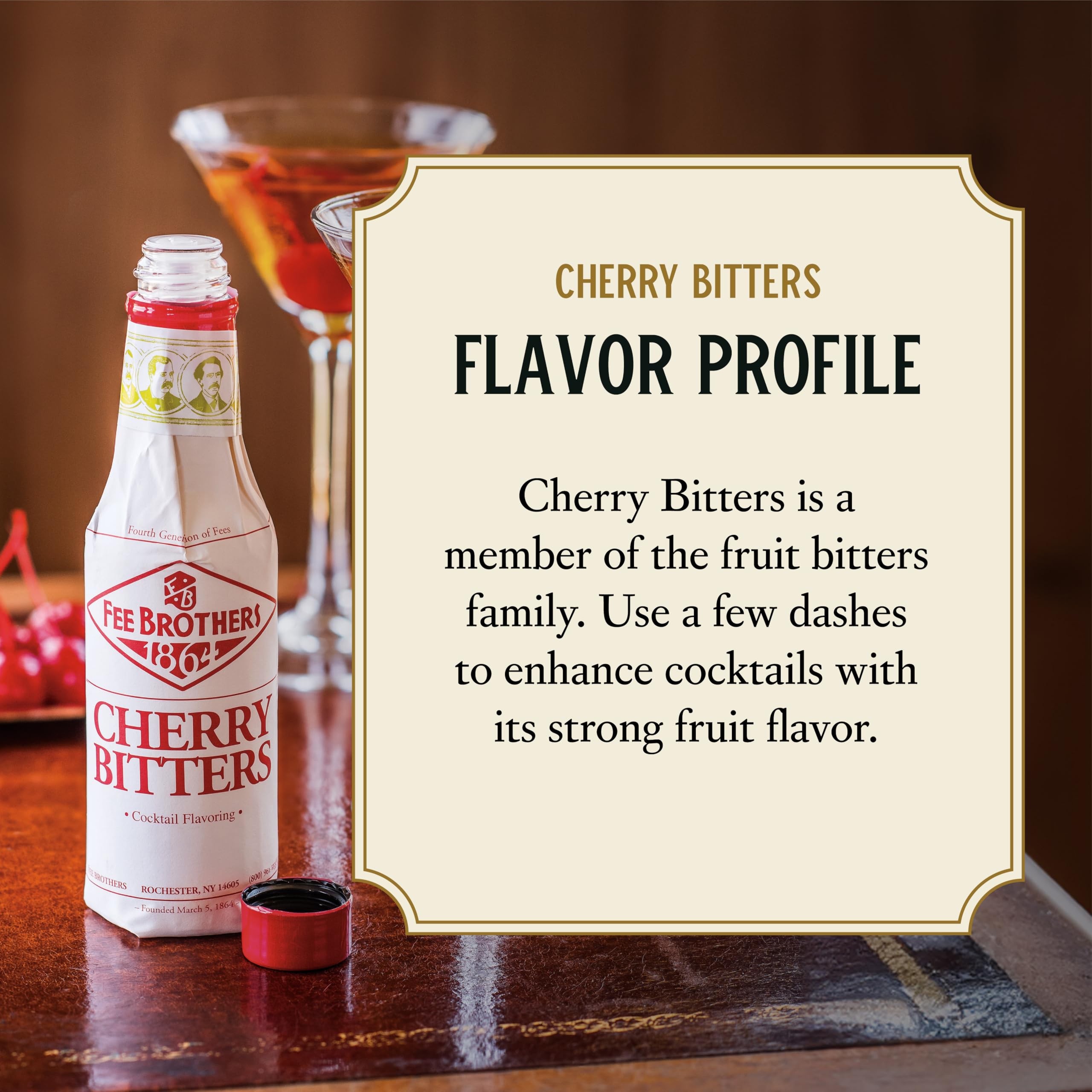 Vintage label of Fee Brothers Cherry Bitters on the bottle.