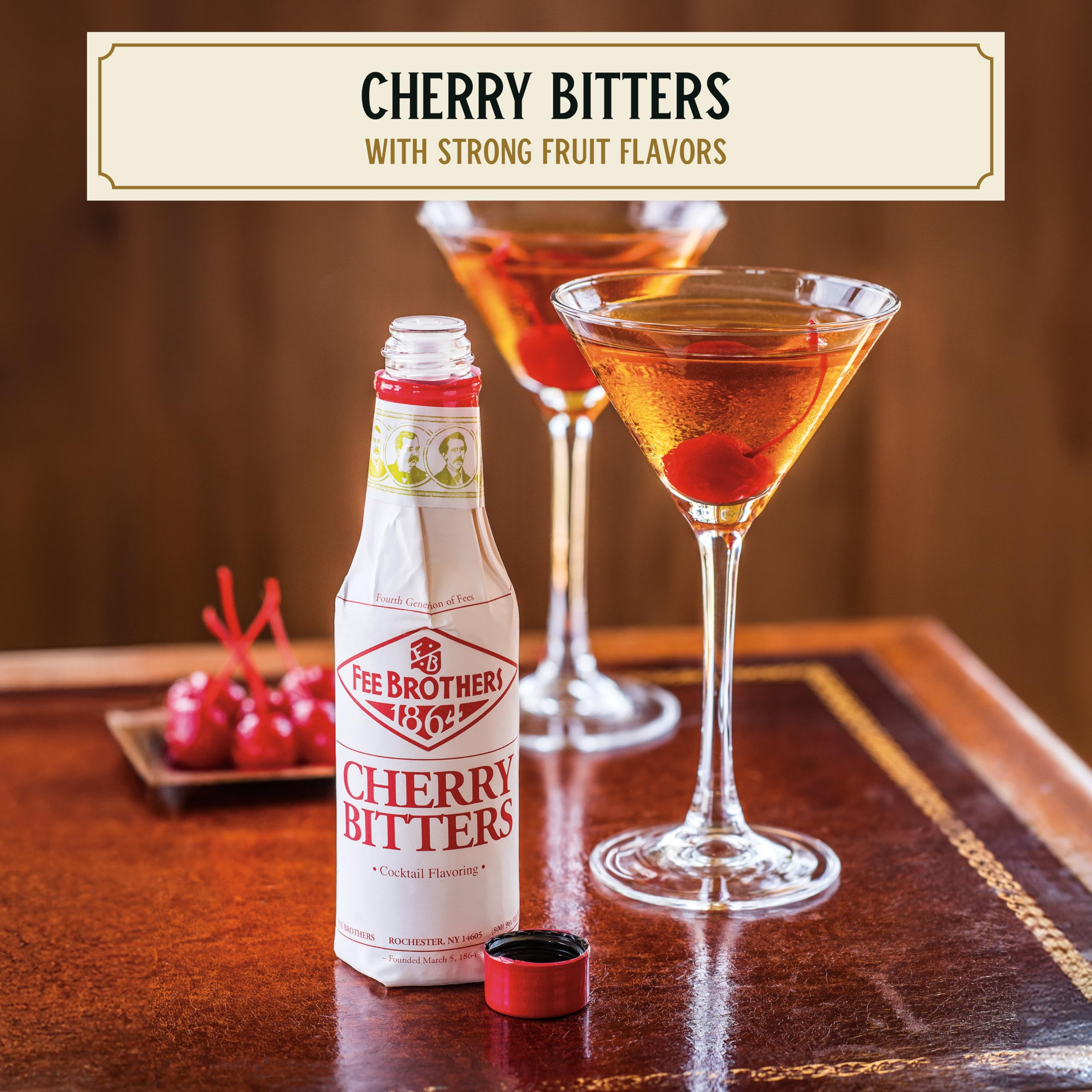 Pouring Fee Brothers Cherry Bitters to balance a whiskey-based cocktail.