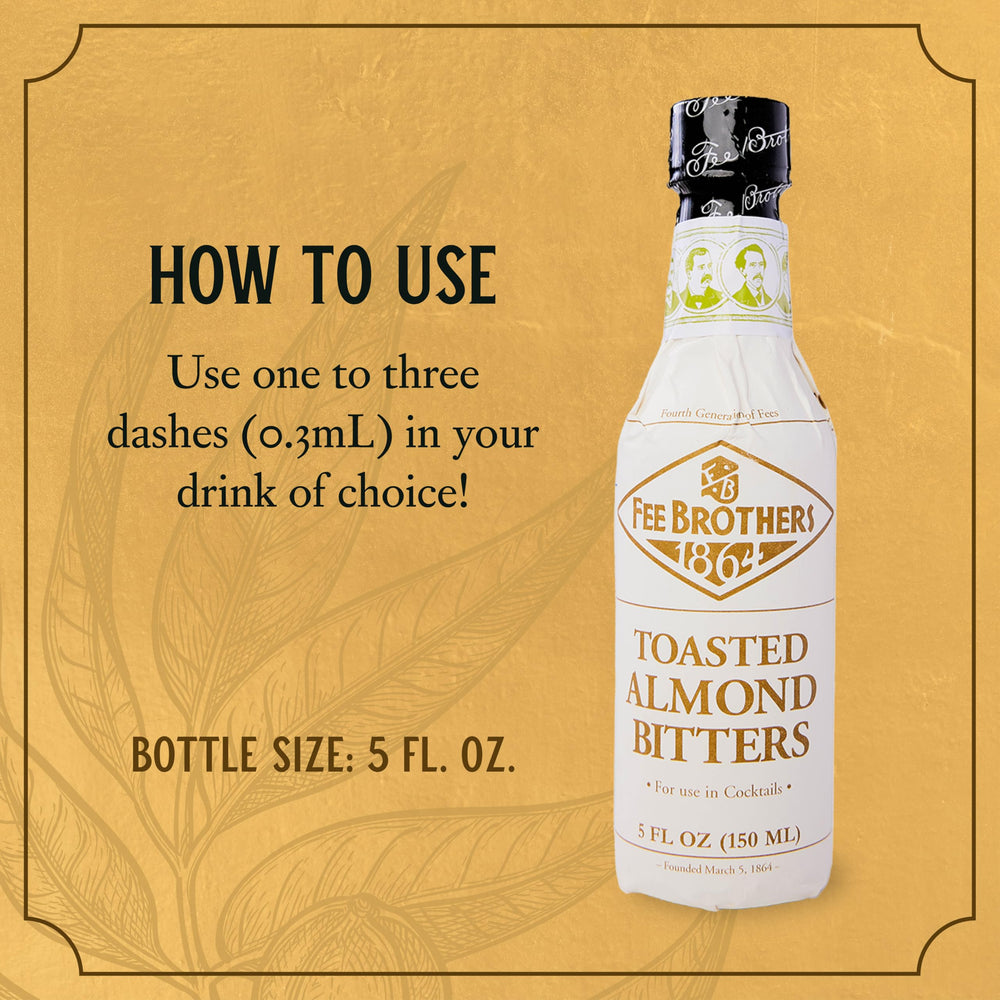 Label of Fee Brothers Toasted Almond Bitters on a bar setup