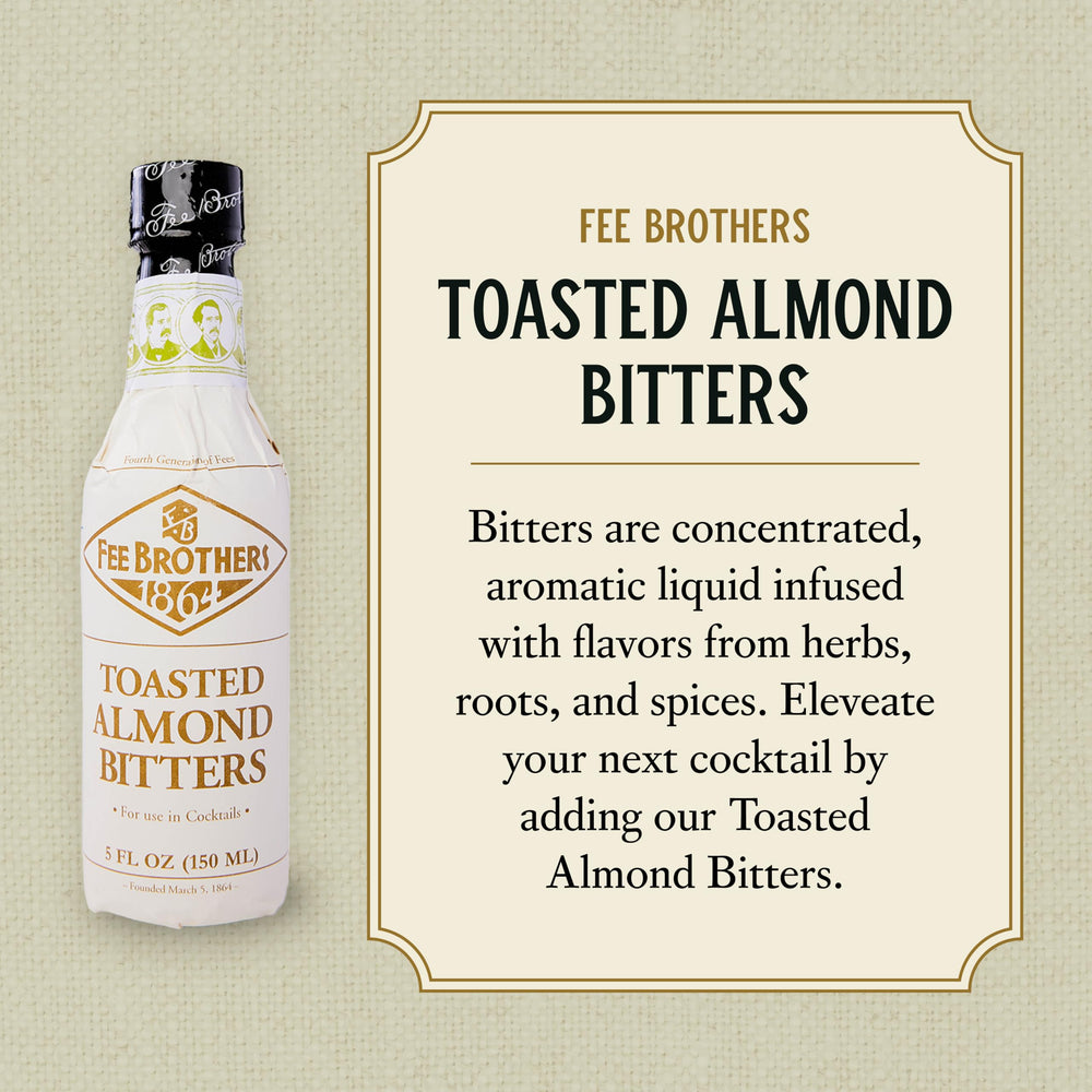 Pouring Fee Brothers Toasted Almond Bitters into a glass to boost aroma