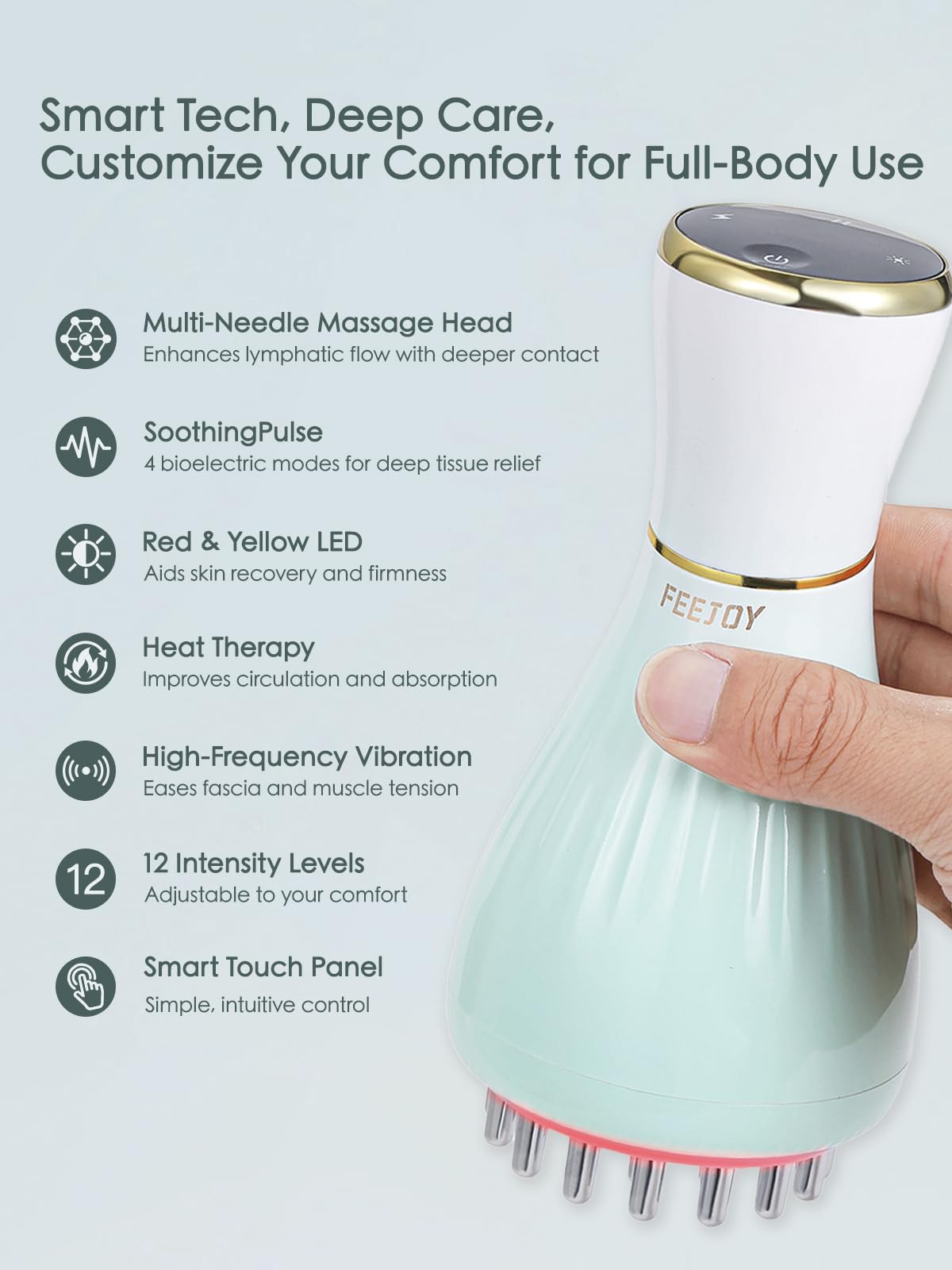 FEEJOY heat and vibration therapy on massage device for muscle comfort.