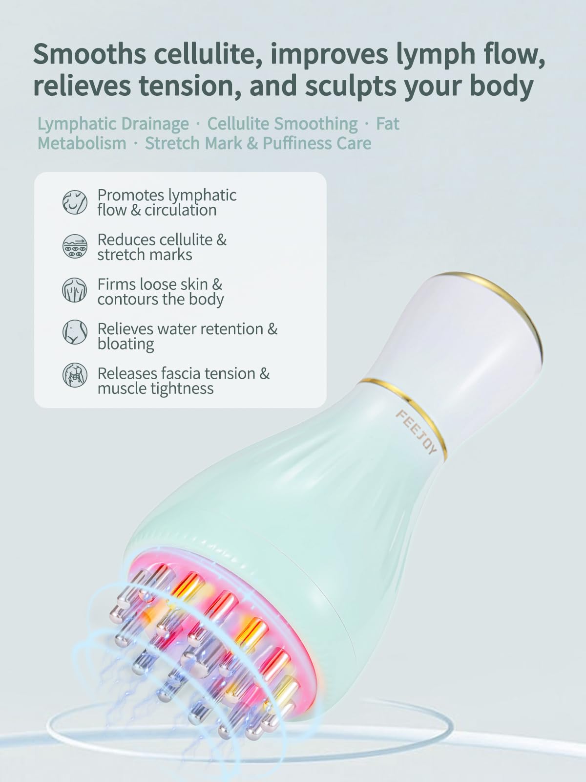 FEEJOY LED light therapy on massager for cellulite and skin toning.