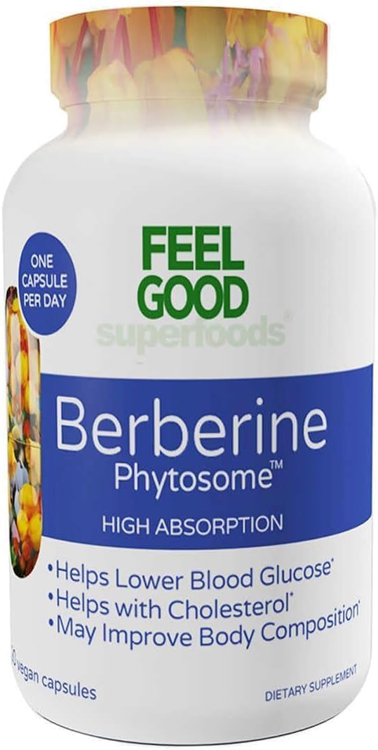 Feel Good Superfoods Berberine Phytosome bottle shows a potent 500 mg dose for daily use.