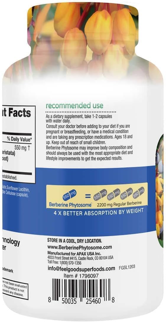 Feel Good Superfoods Berberine Phytosome capsules: easy-to-swallow vegan capsules for daily routine.