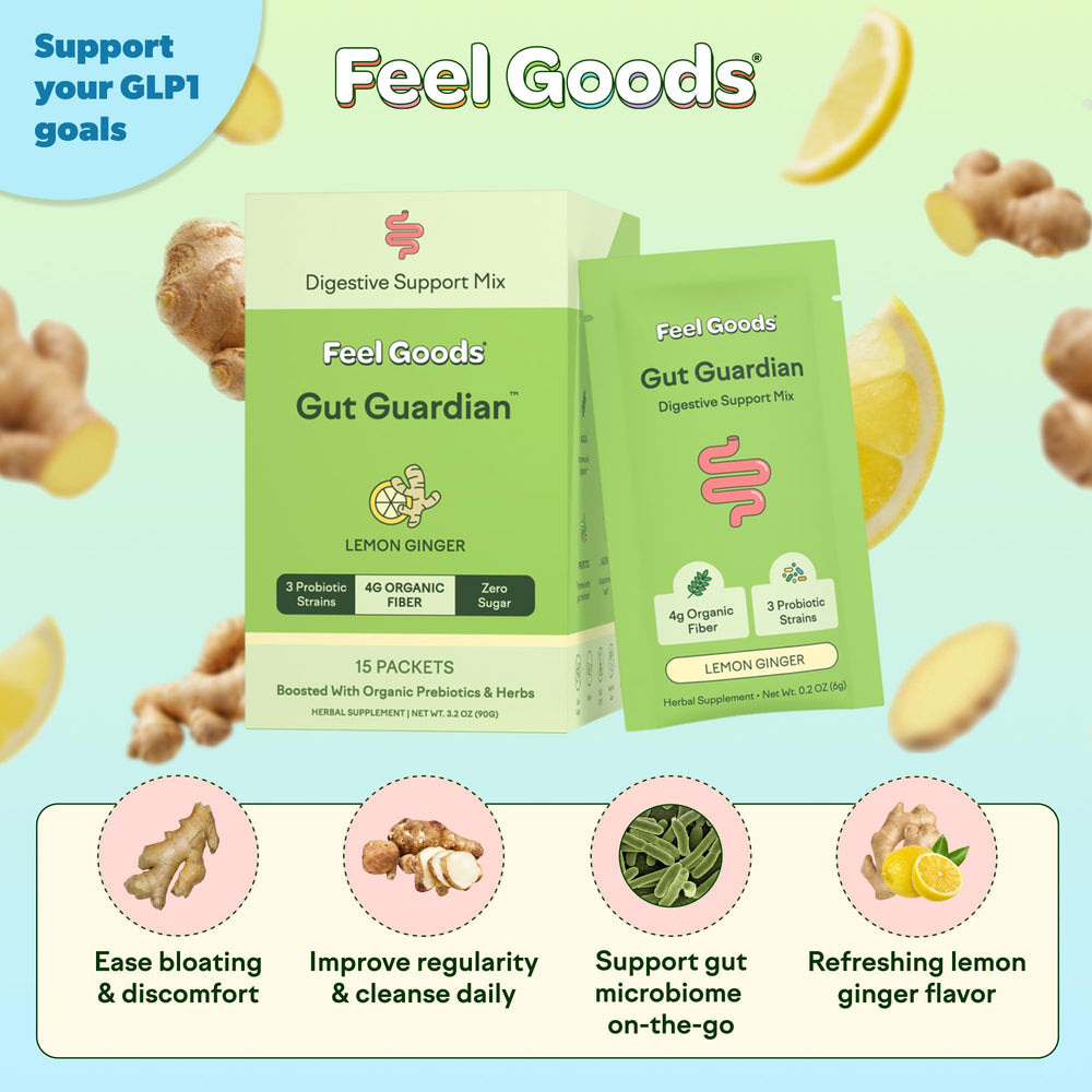 Feel Goods Gut Guardian lemon-ginger stick pack highlights flavor-friendly digestive support while traveling.
