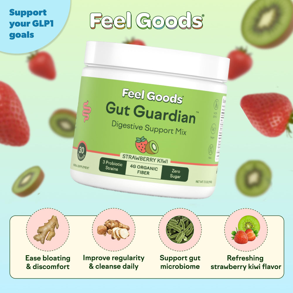 Feel Goods Gut Guardian probiotic fiber blend shown dissolving for comfortable digestion.