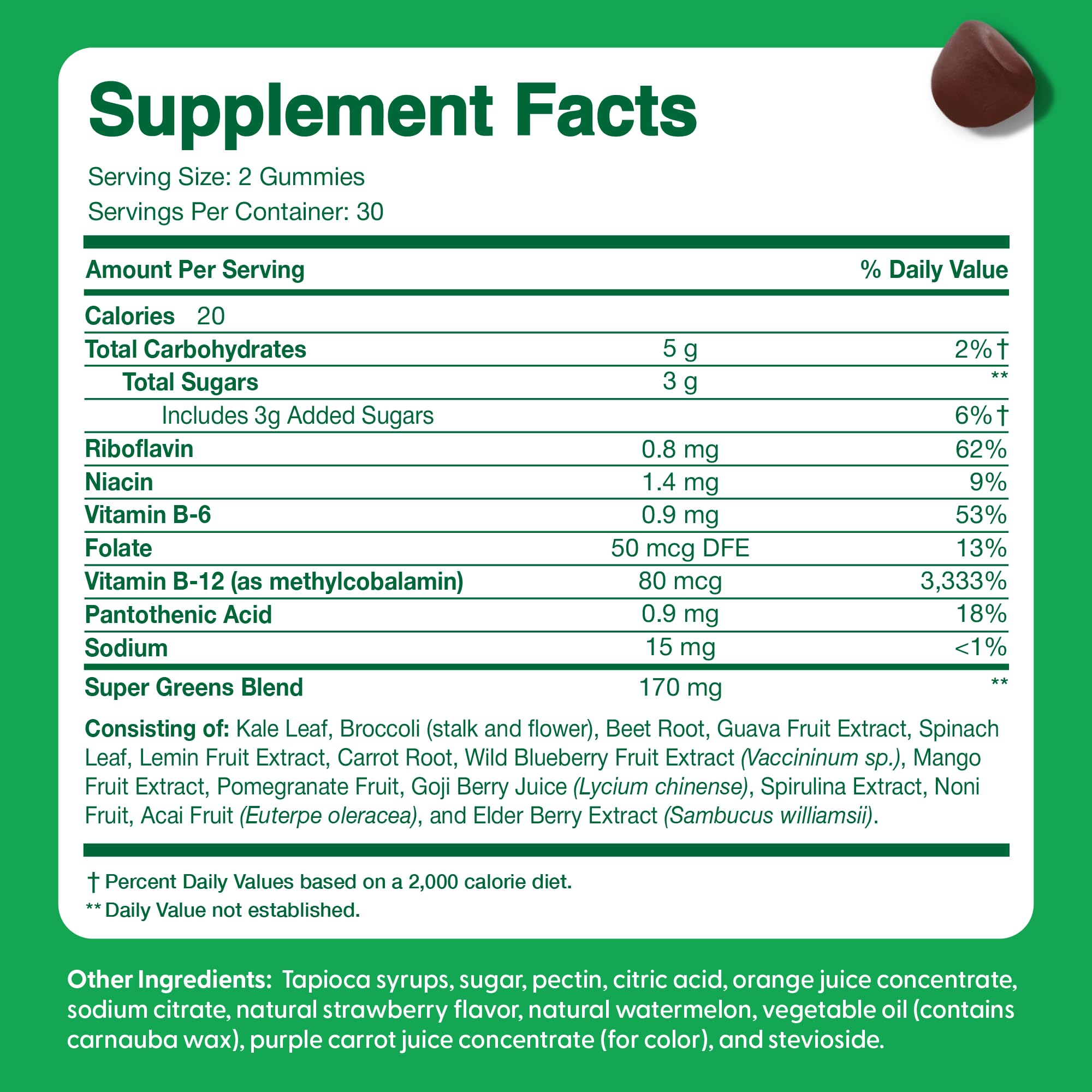 Feel Great Super Green Gummies feature colorful fruits and vegetables ingredients on label.