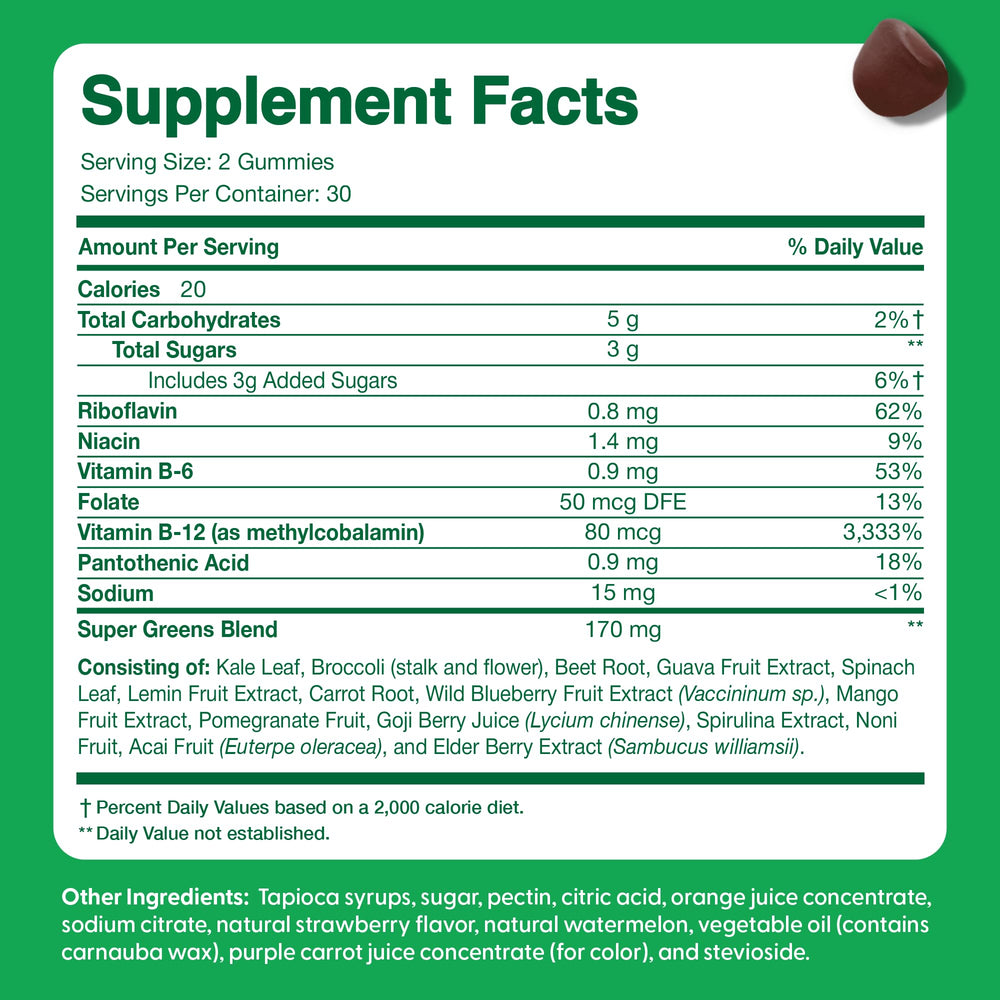 Feel Great Super Green Gummies feature colorful fruits and vegetables ingredients on label.