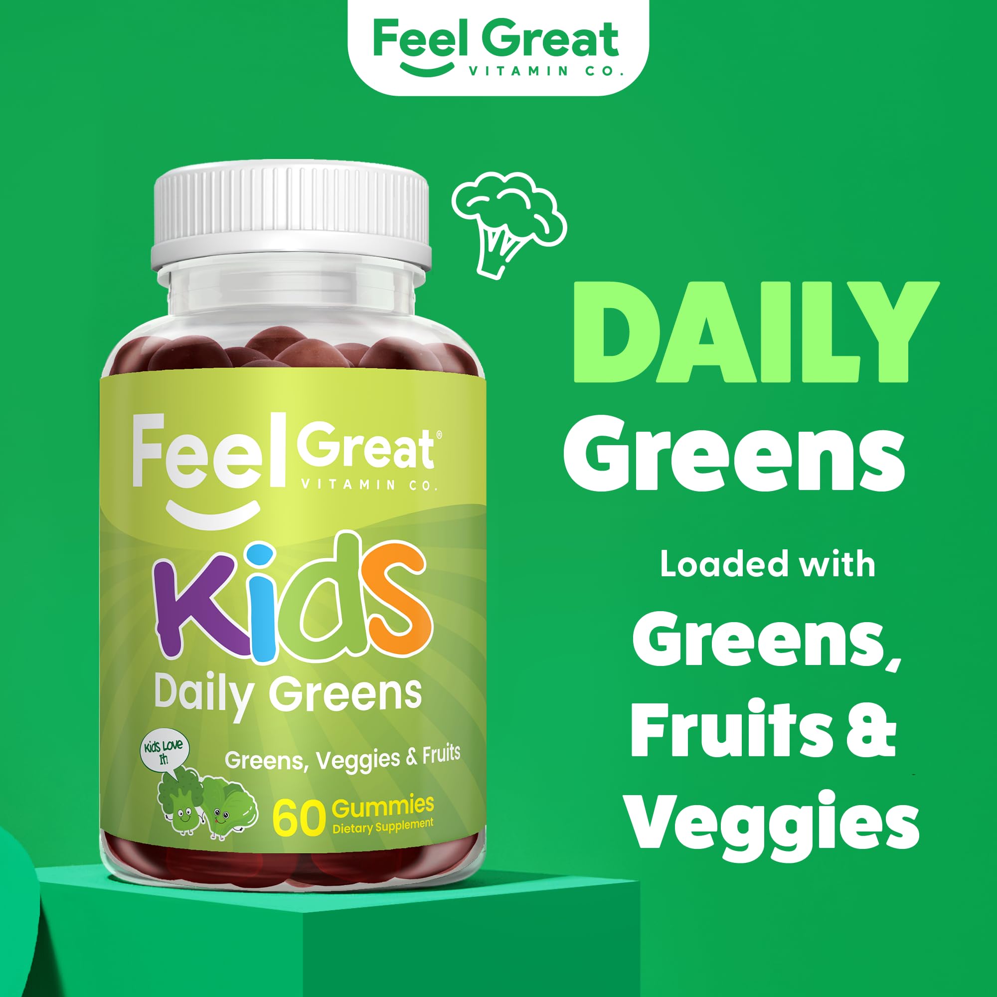 Closeup of Feel Great Super Green Gummies showing chewable texture for picky eaters.