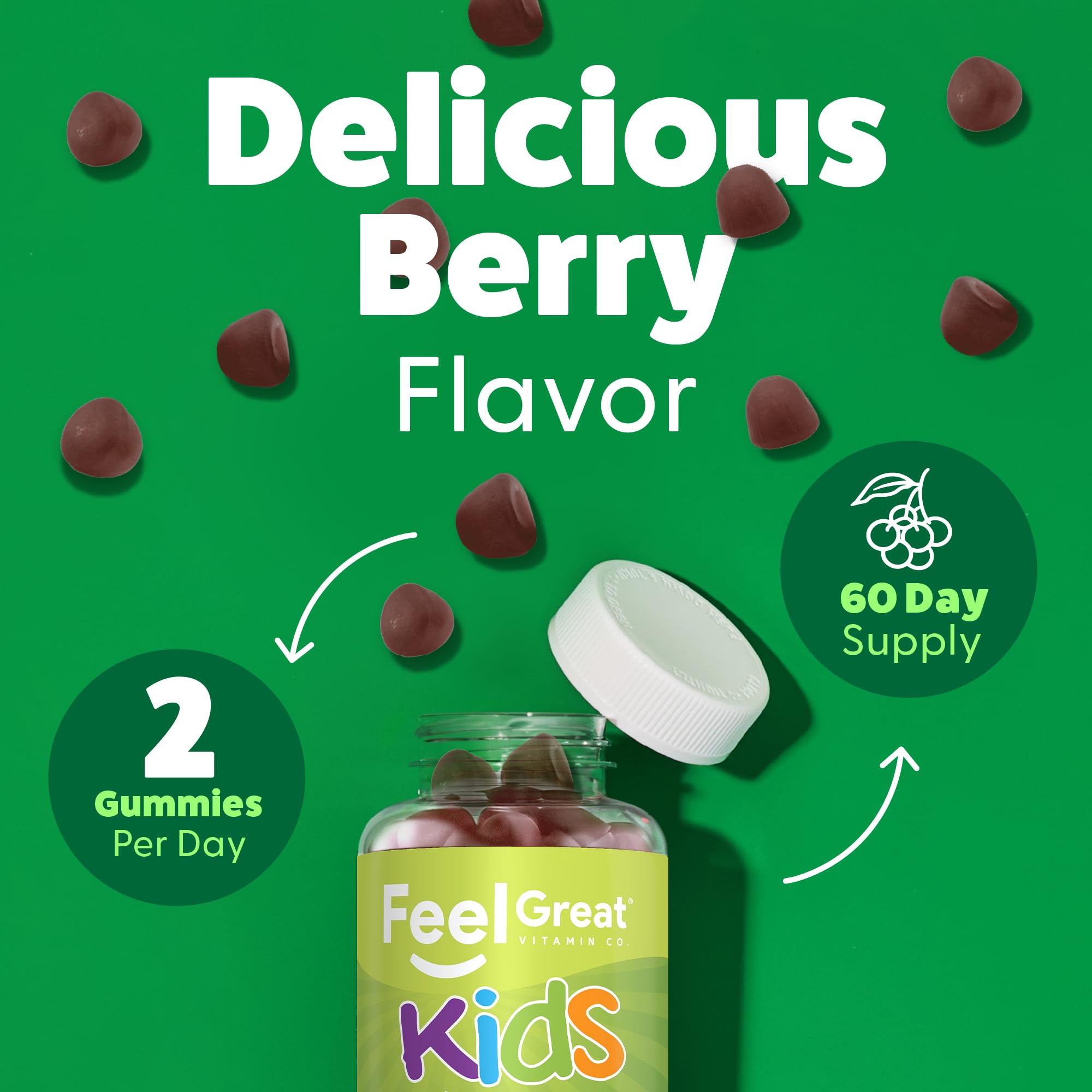 Visual showing Feel Great Super Green Gummies for daily 1–2 gummies for kids aged 4+.