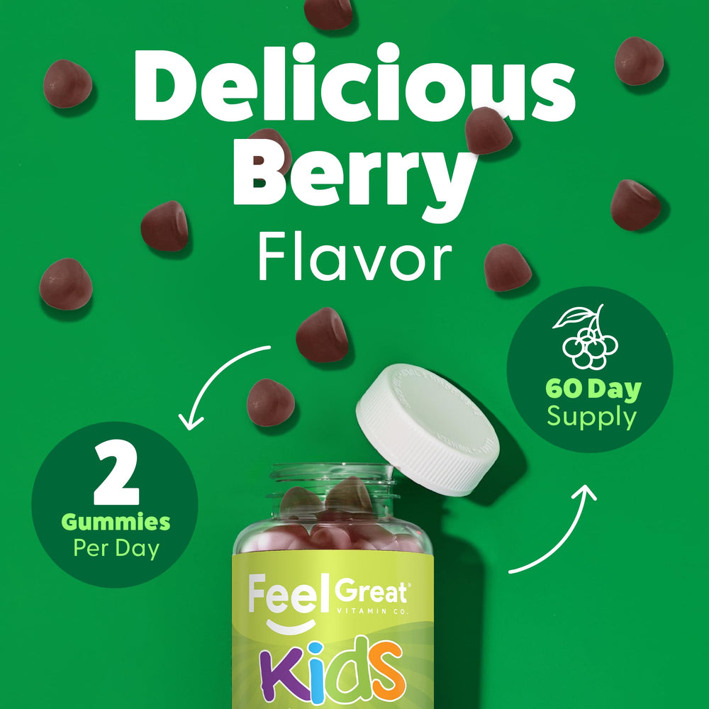 Visual showing Feel Great Super Green Gummies for daily 1–2 gummies for kids aged 4+.